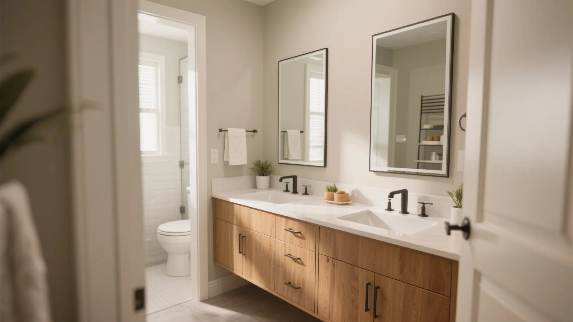 Bathroom interior with double sinks wooden cabinet two mirrors black faucets and a white toilet