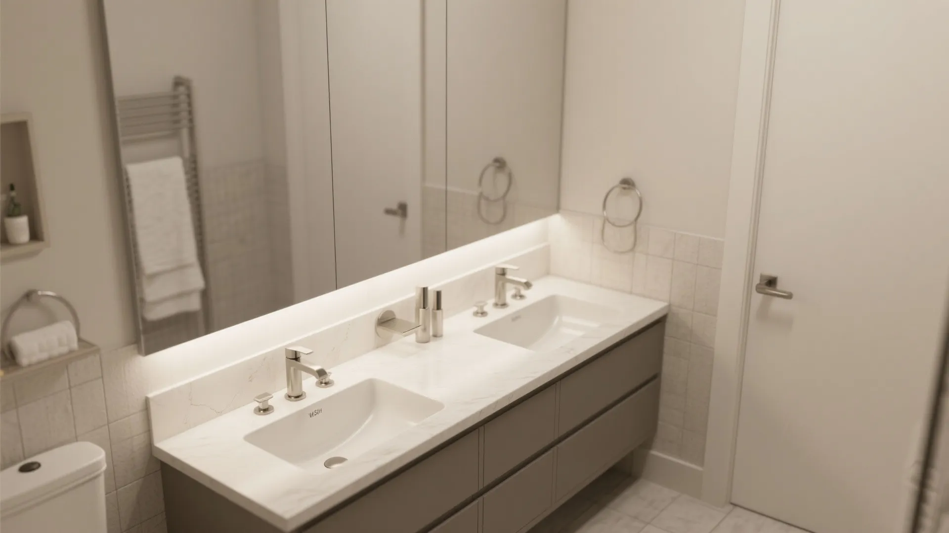 Bathroom double sink cabinet with white marble top large mirror and modern wall light fixture