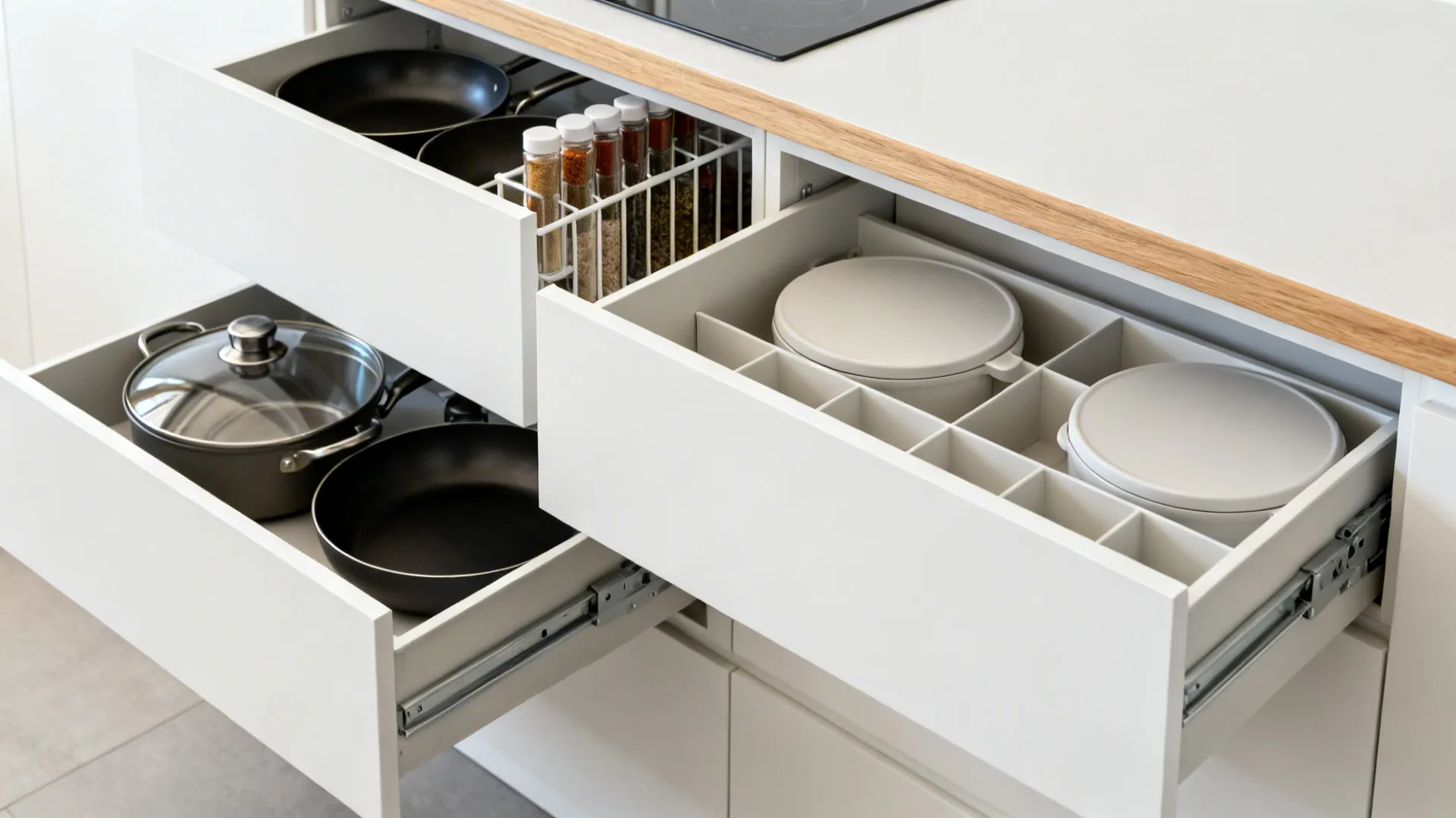 Macro view of full-extension kitchen drawers organized with spices, pans, and lid dividers in a small kitchen.