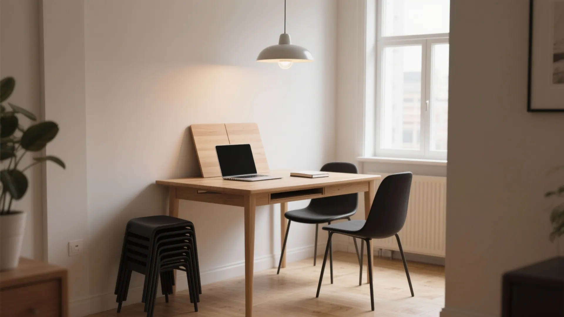 Modern wooden dining table with laptop black chairs and ceiling light in minimalist bright office