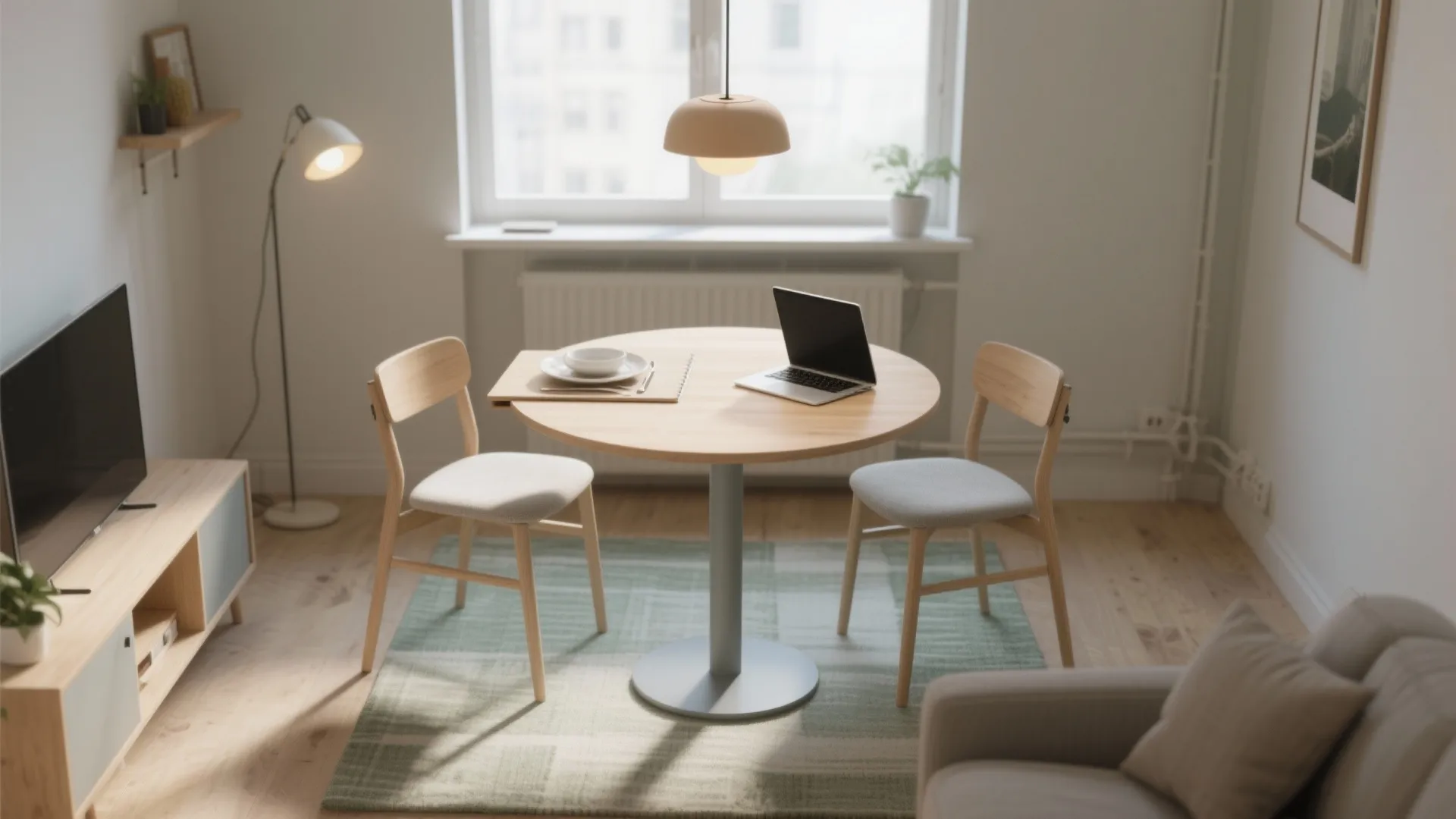 Modern apartment living room featuring round wooden table with chairs laptop and warm ceiling light