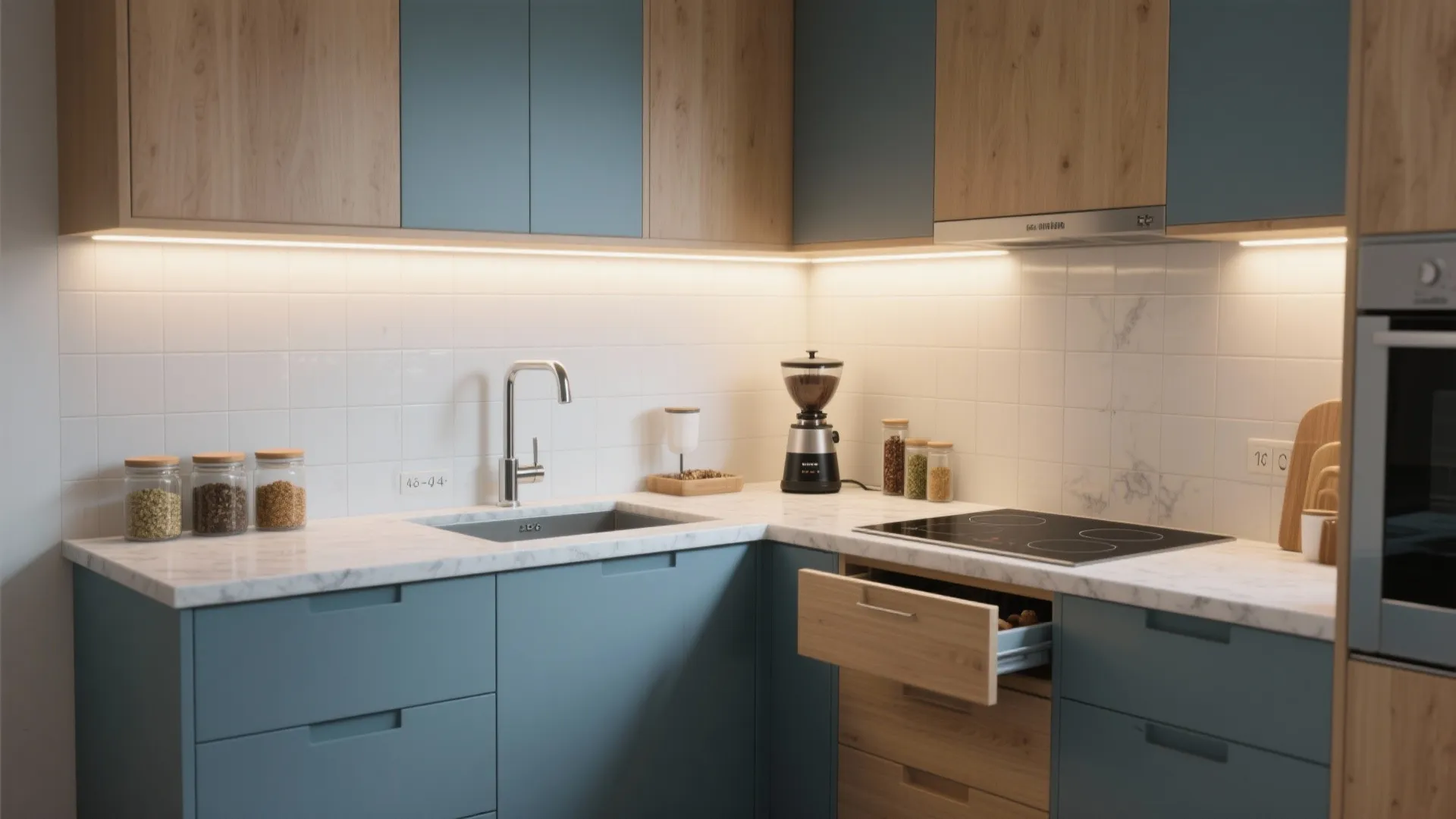 Modern kitchen with blue and wood cabinets white marble countertop sink stove and open wooden drawer