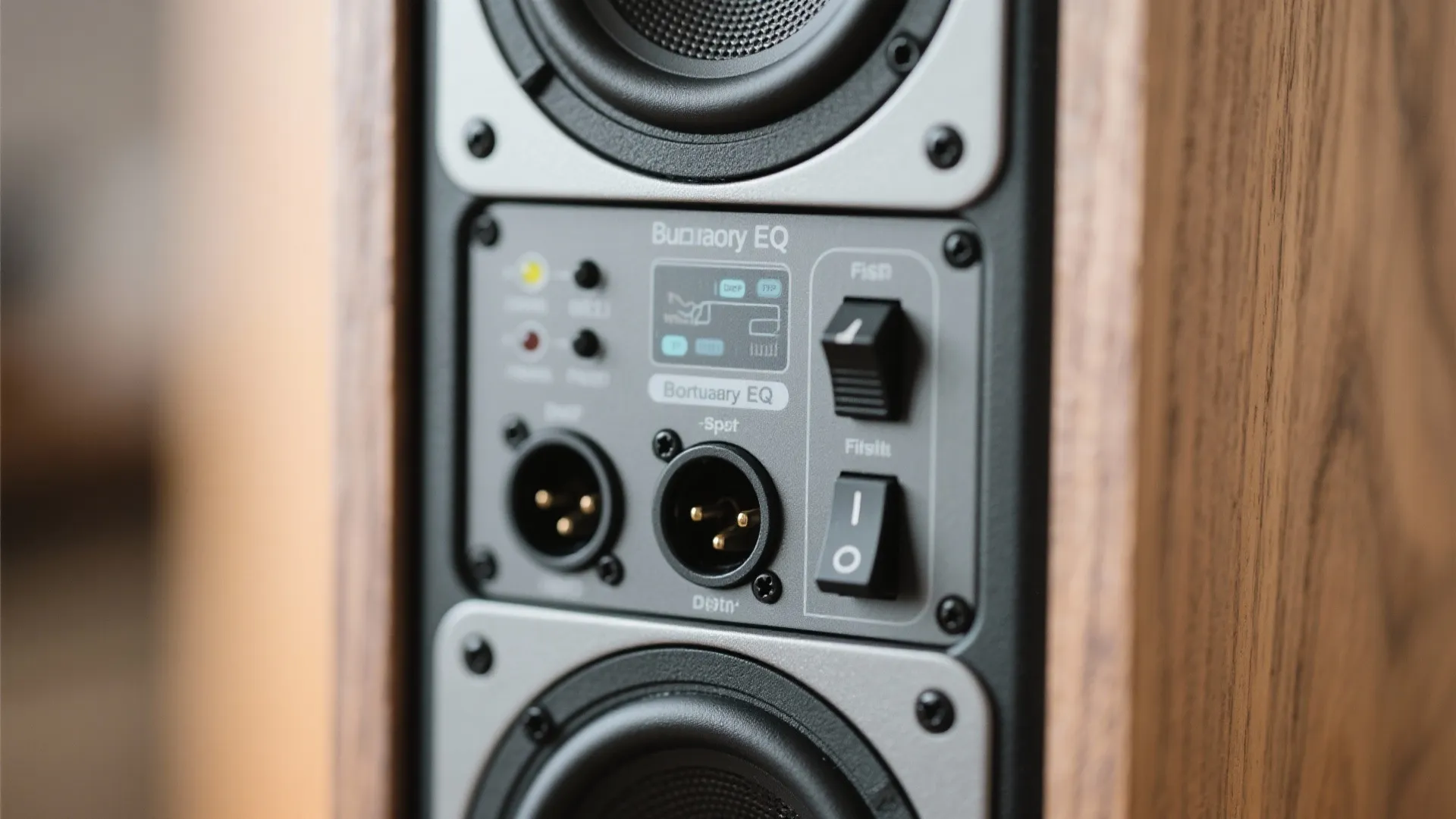Macro view of compact active speaker with boundary EQ and high-pass filter controls.