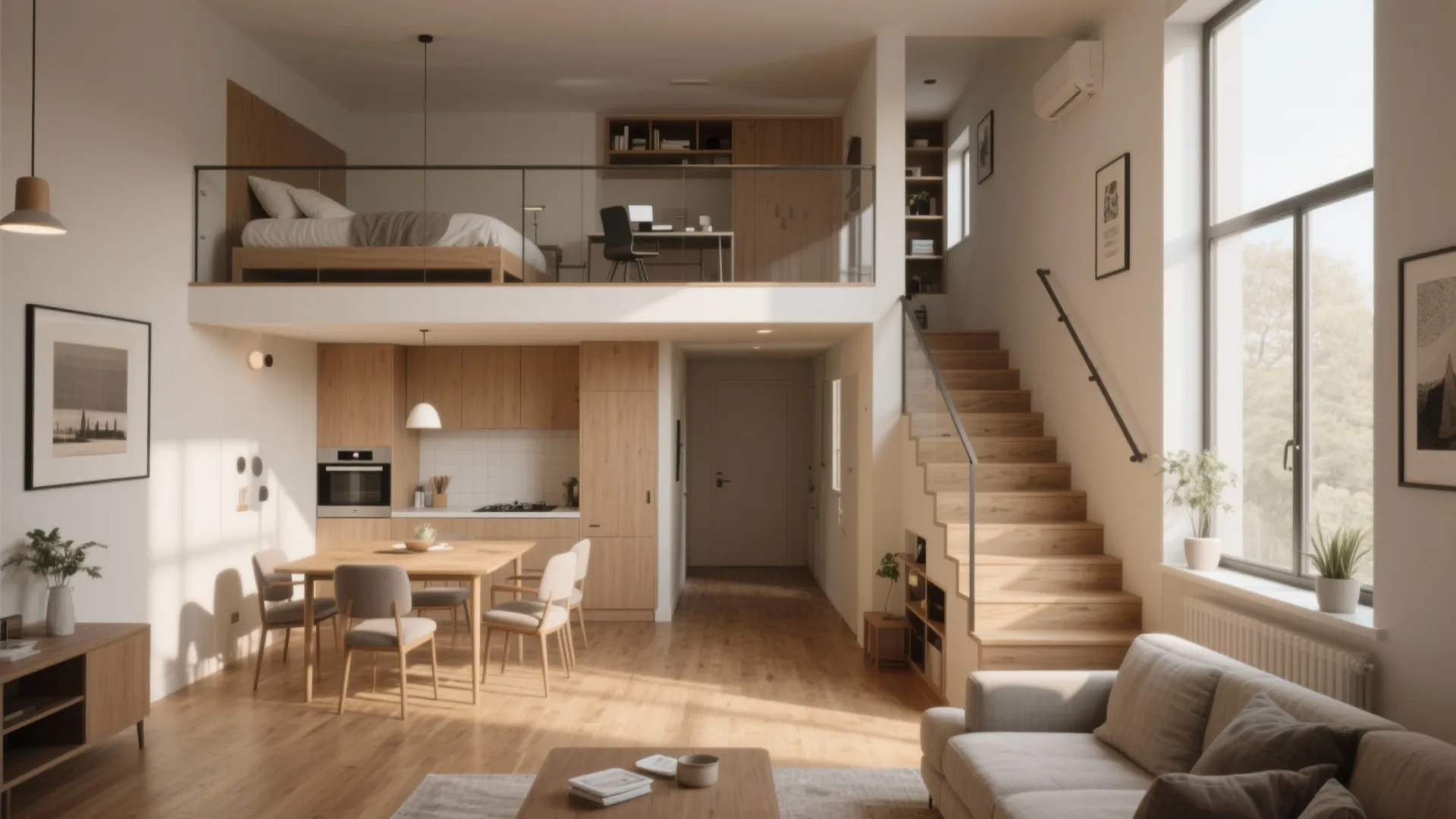 Modern duplex apartment with a loft bedroom, wooden stairs, dining table, kitchen, and grey sofa