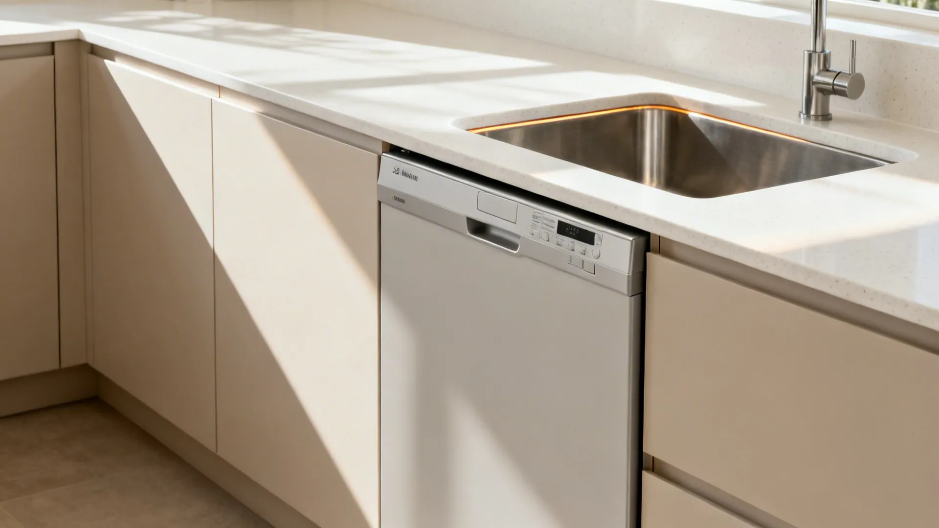 Close-up of a panel-ready compact dishwasher aligned with minimalist cabinet fronts.