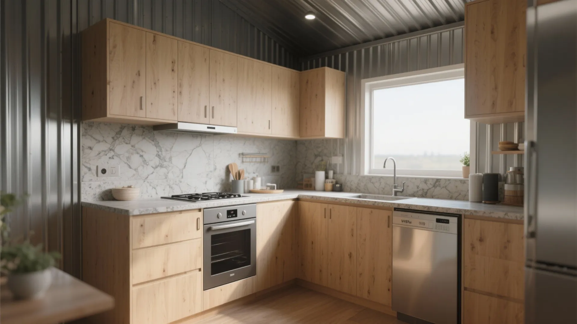 Small kitchen with wood cabinets and marble backsplash under a grey metal roof with window