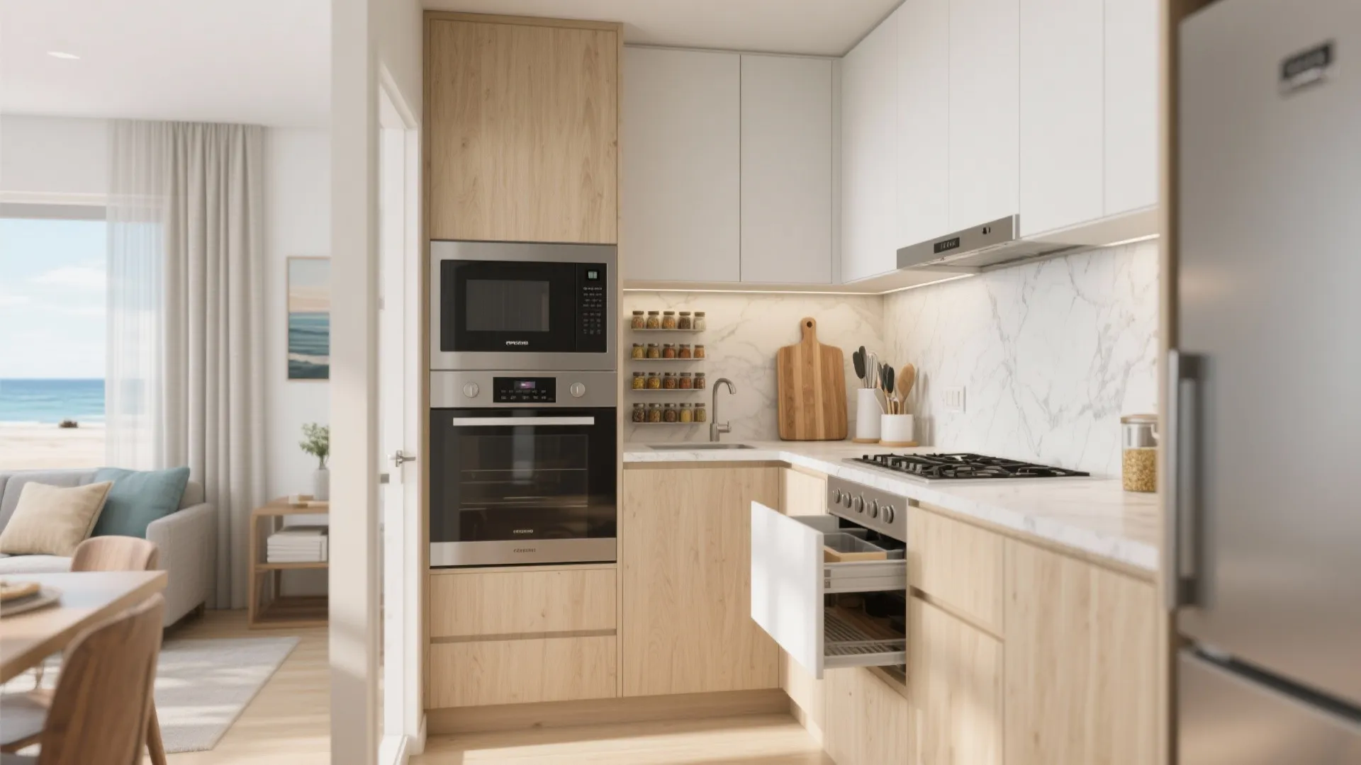 Compact L-shaped kitchen with tall cabinets, pull-out cutting board and vertical spice rack