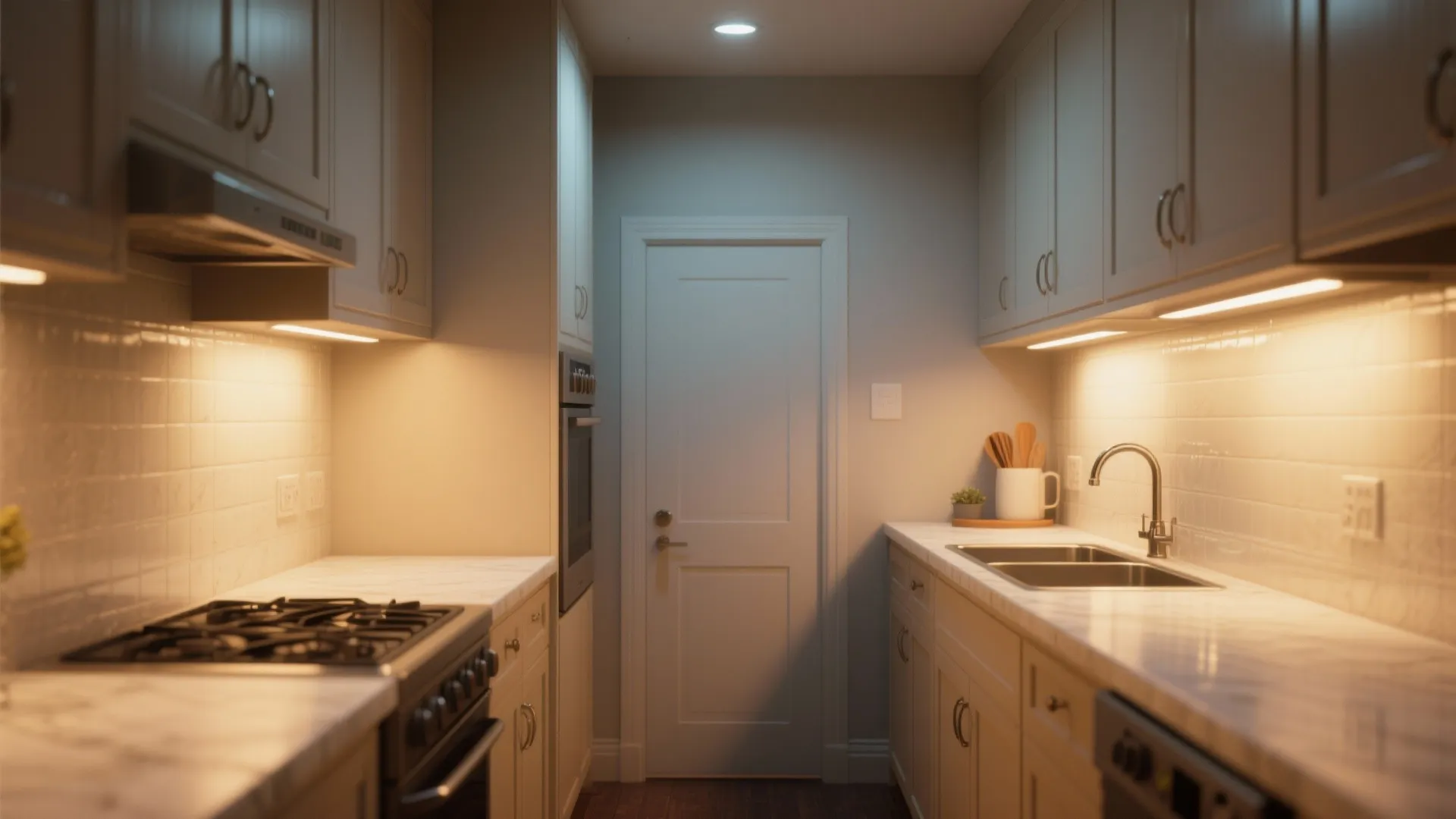Small galley kitchen with grey cabinets white marble countertops double sink stove and white door