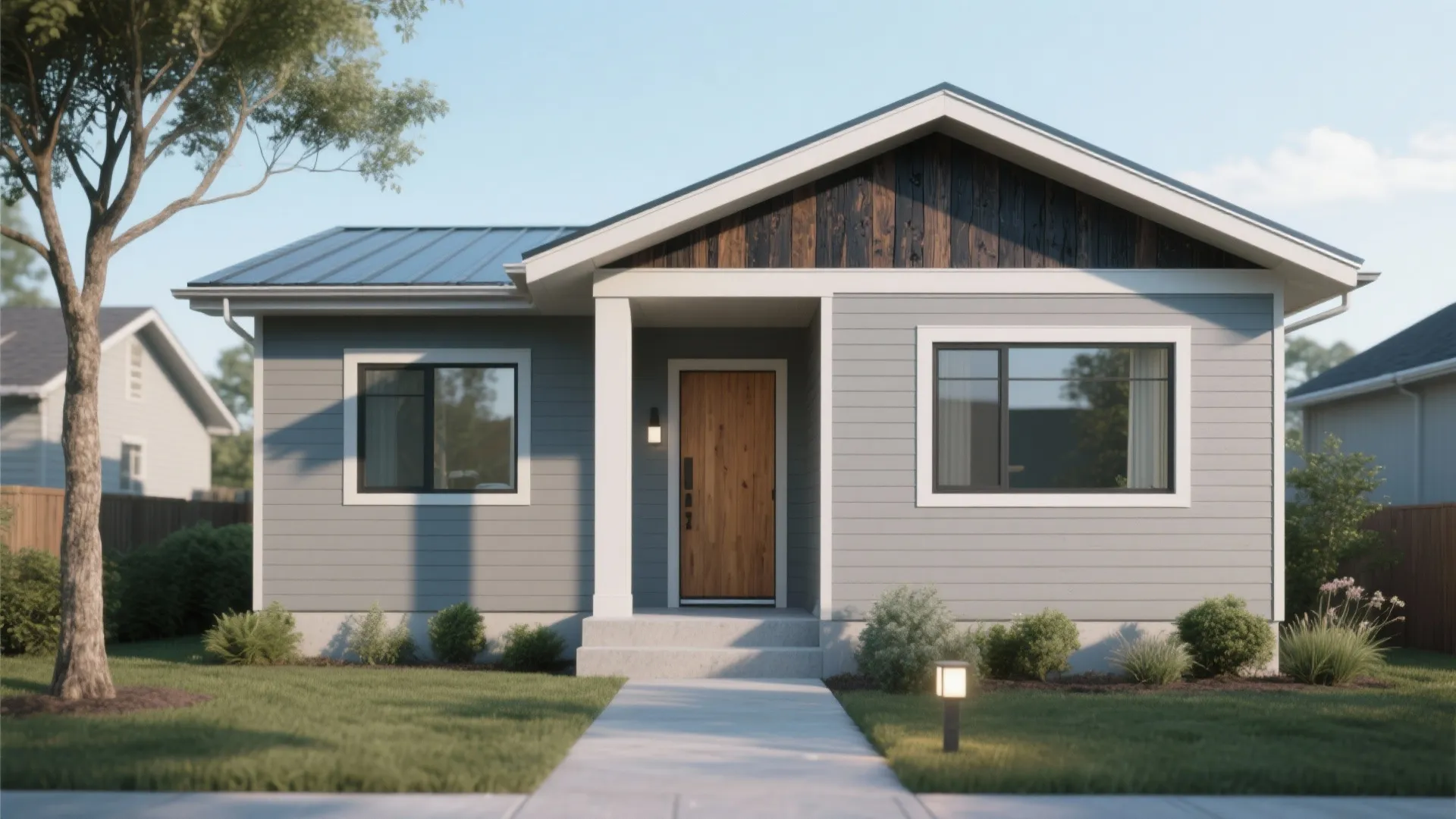 Modern small grey house exterior featuring wooden door white trim green grass and blue sky