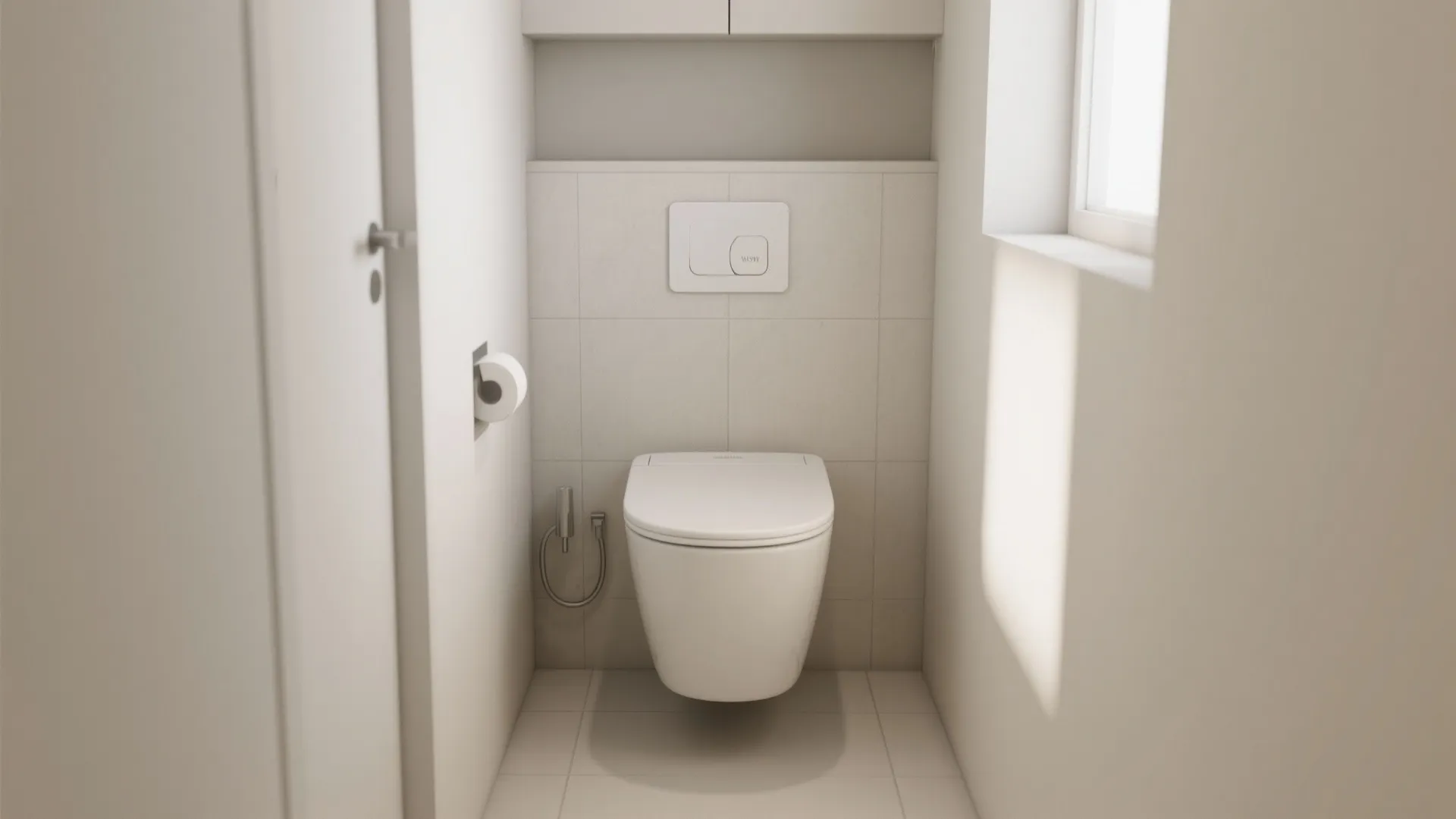 Compact elongated toilet set in a narrow alcove with ample knee clearance