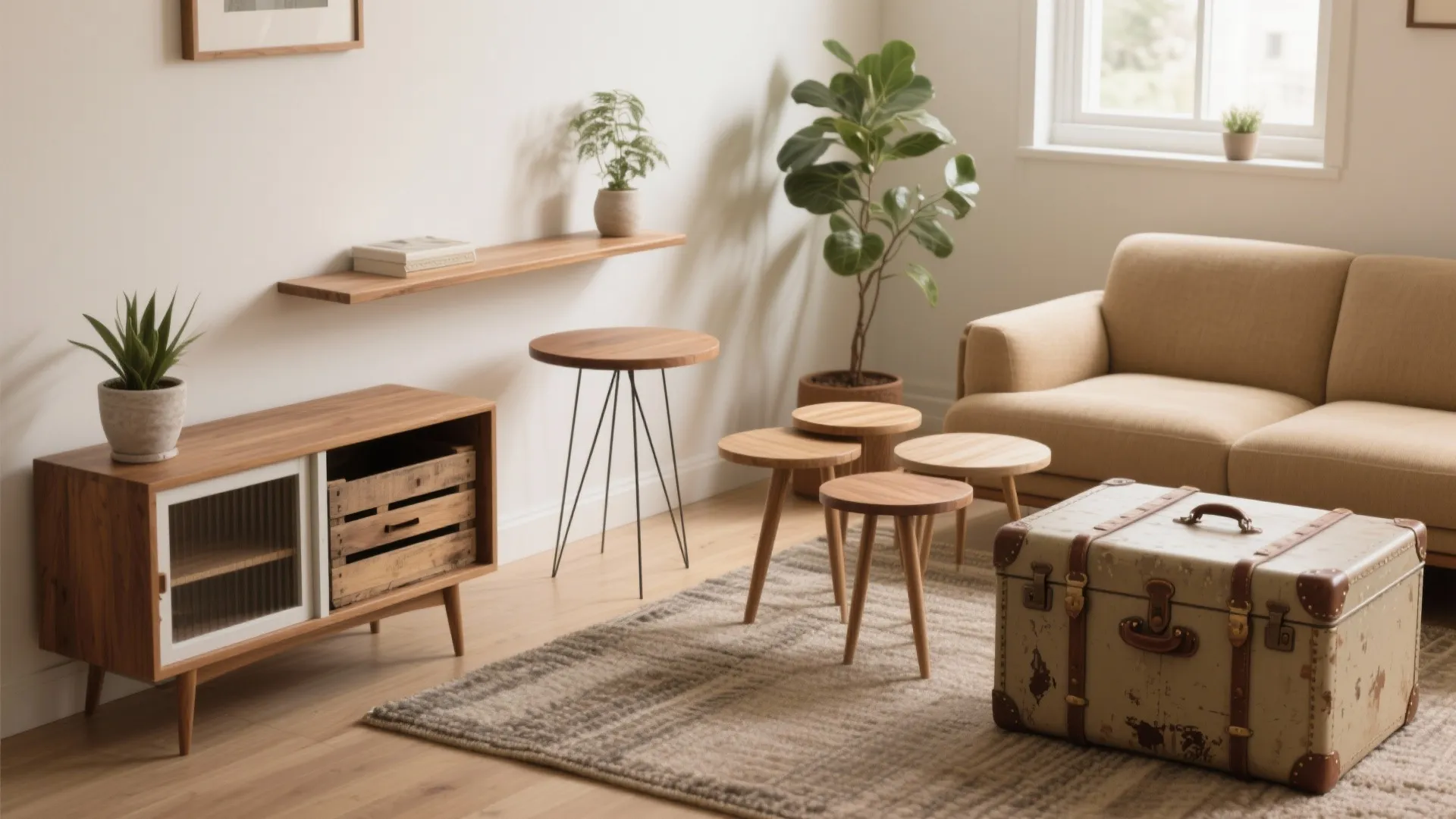 Modern living room with wooden cabinet small round tables green plants and vintage trunk table