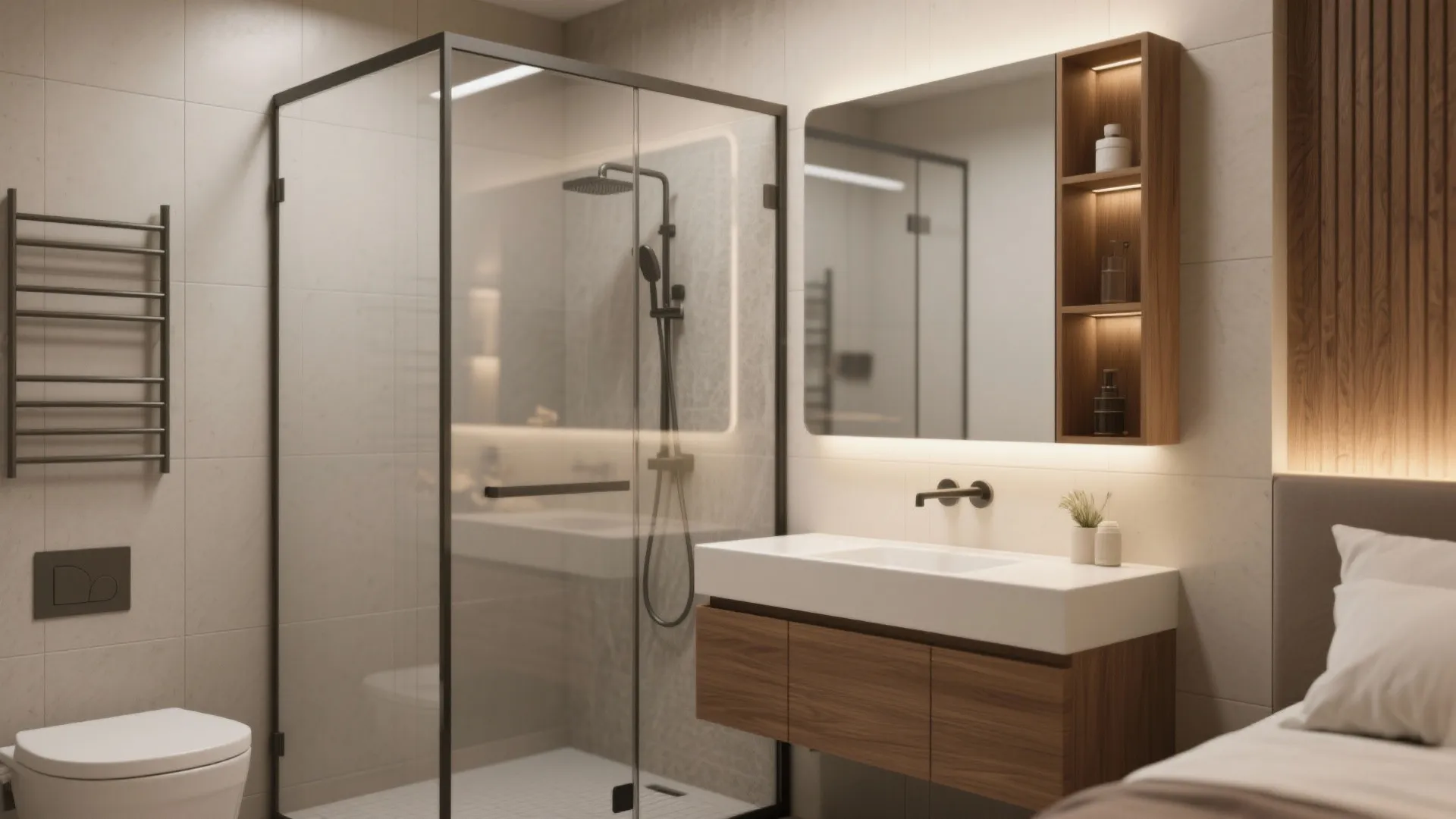 Modern bathroom with glass shower cabin wood cabinet sink mirror and warm light in bedroom