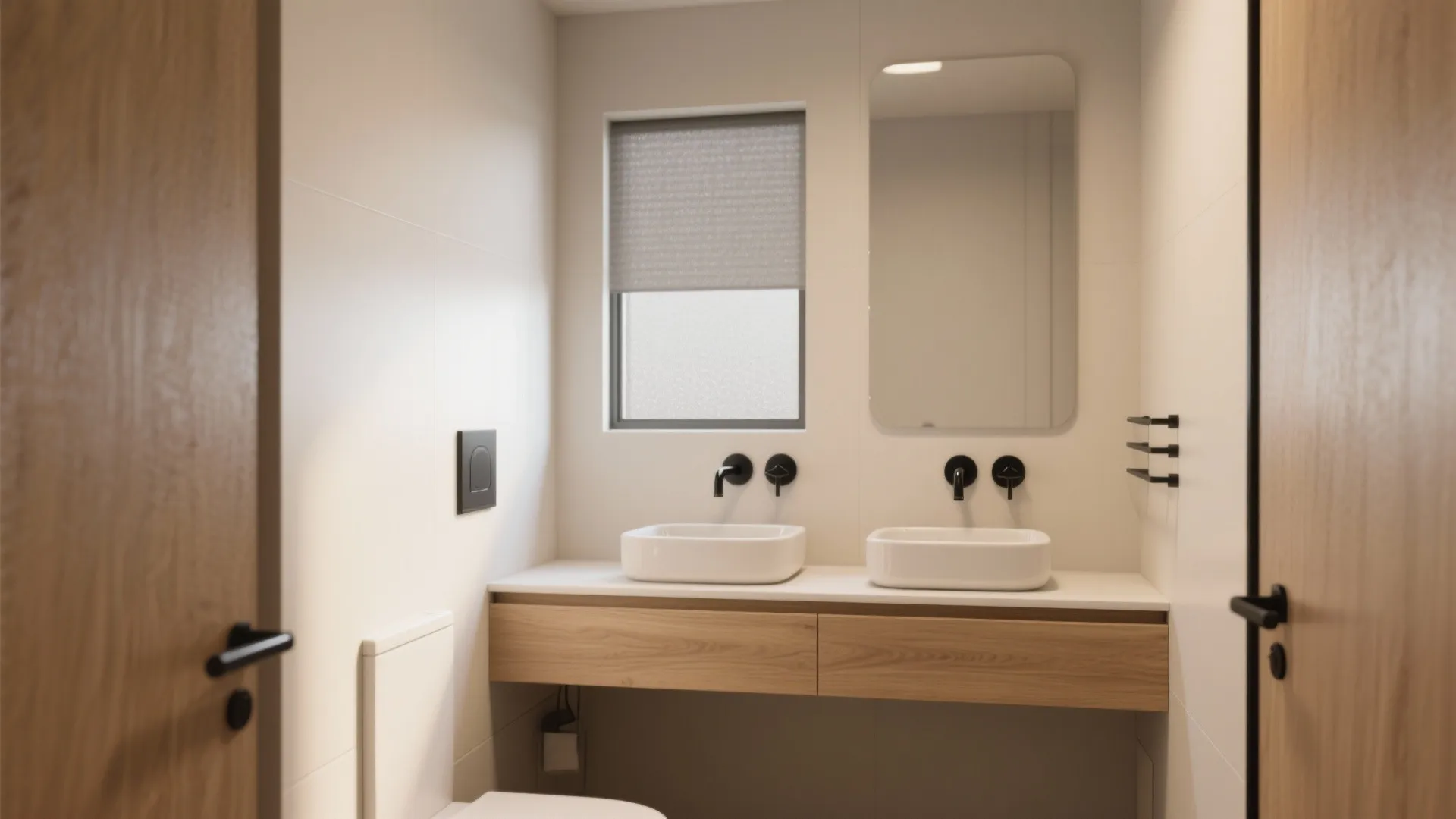 Compact bathroom layout with double white sinks wooden cabinet large mirror and a small window