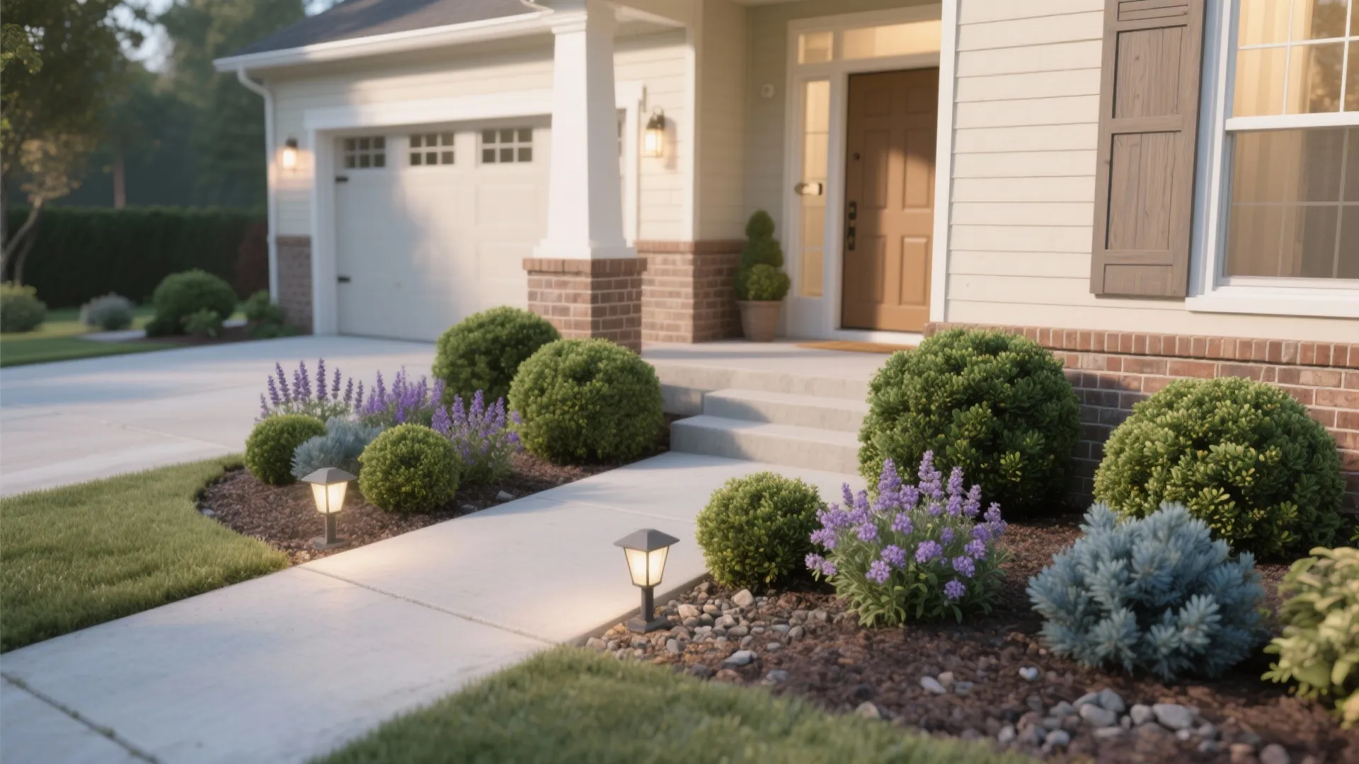 White house entrance with concrete path small green bushes purple flowers and warm outdoor lights