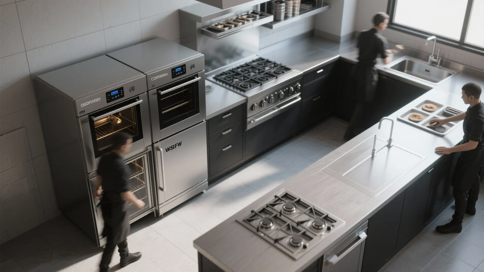 Modern kitchen layout with double ovens stove top and staff working at grey island counter