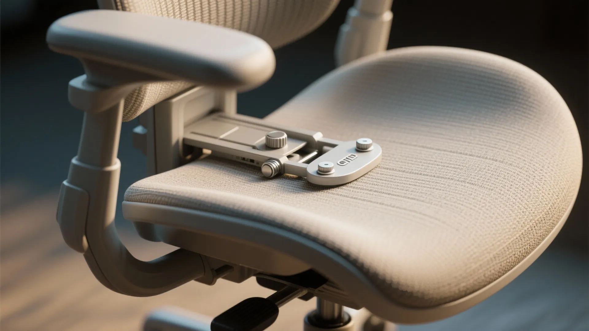 Close up of an office chair showing the seat and adjustable armrest in light grey fabric