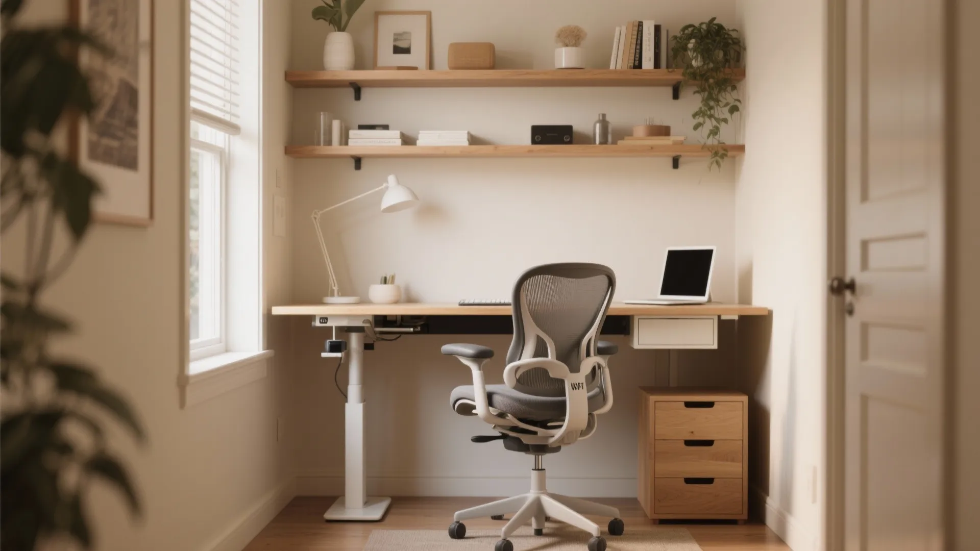 Modern home office with height adjustable desk grey swivel chair wooden shelves and laptop setup