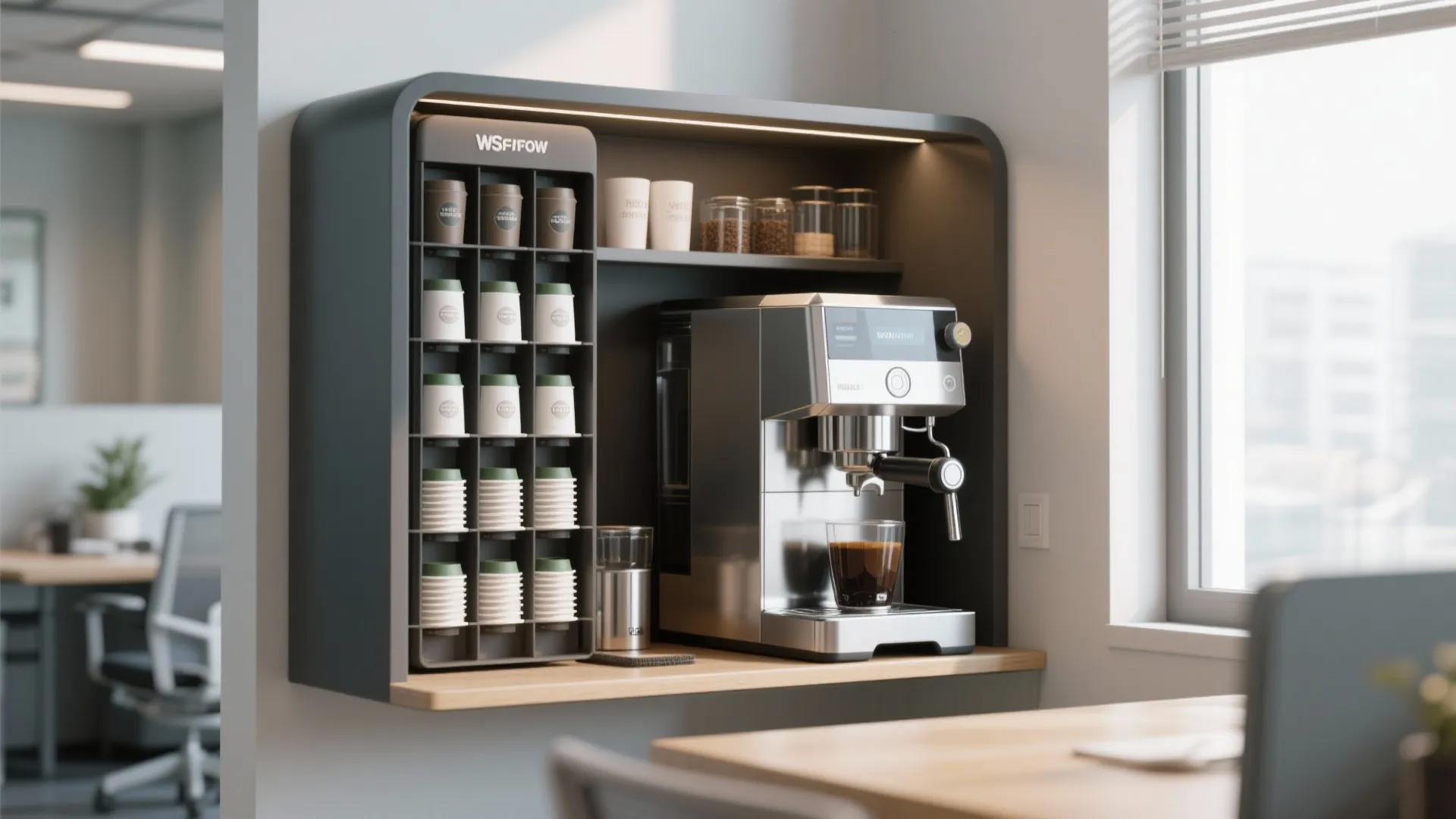 Modern office coffee station featuring a silver espresso machine and organized paper cups on wooden shelf