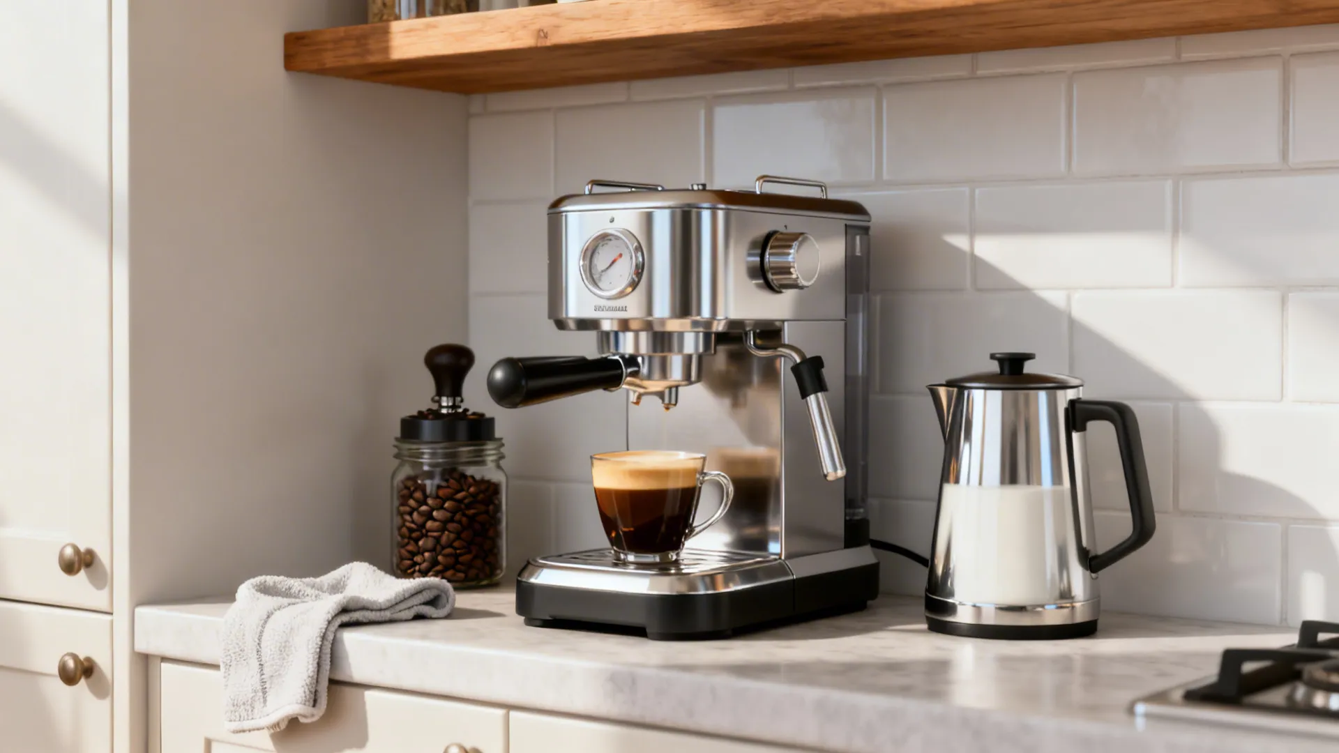 Compact espresso maker with standalone frother on a tidy counter in soft daylight.