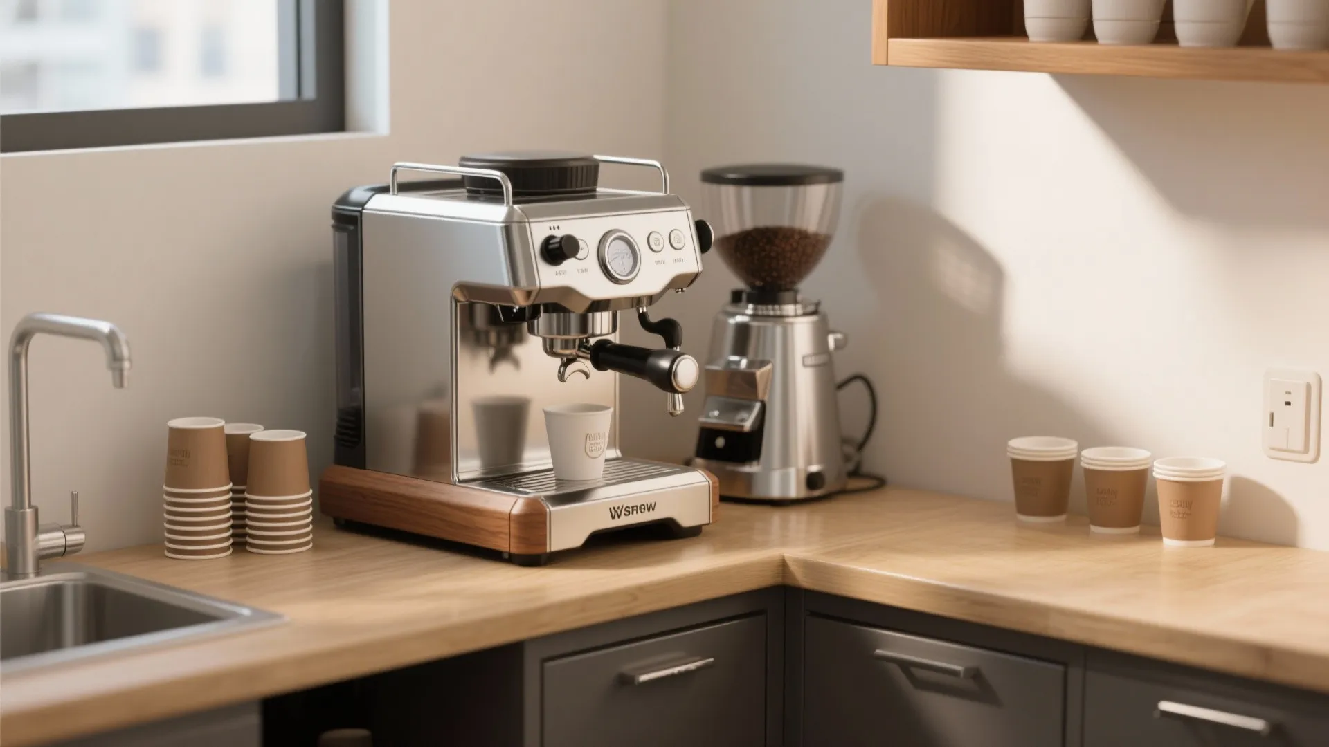 Silver coffee machine on wood counter with paper cups sink and dark grey kitchen cabinets