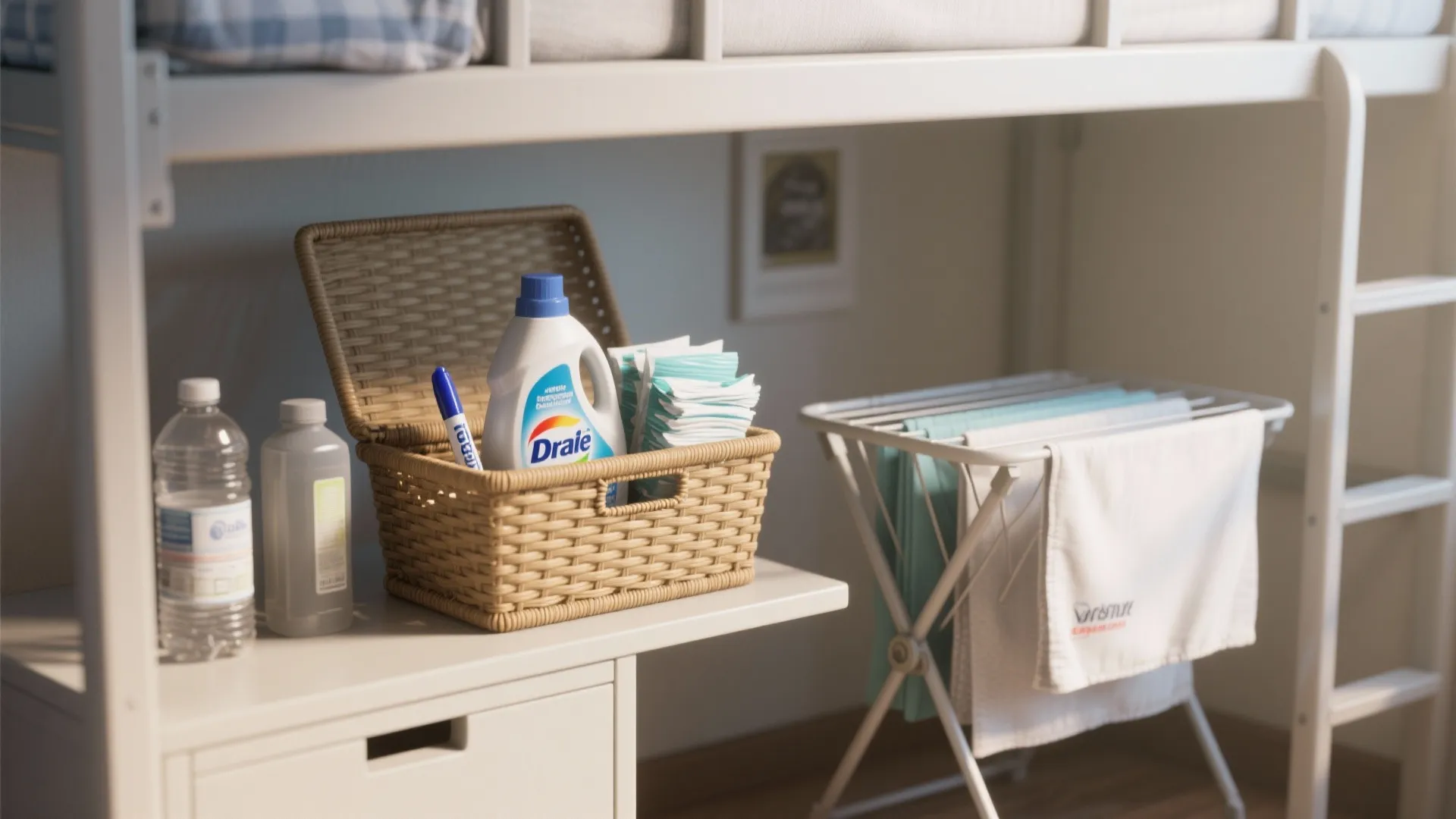 Laundry detergent in a woven basket on a desk beside a white folding drying rack