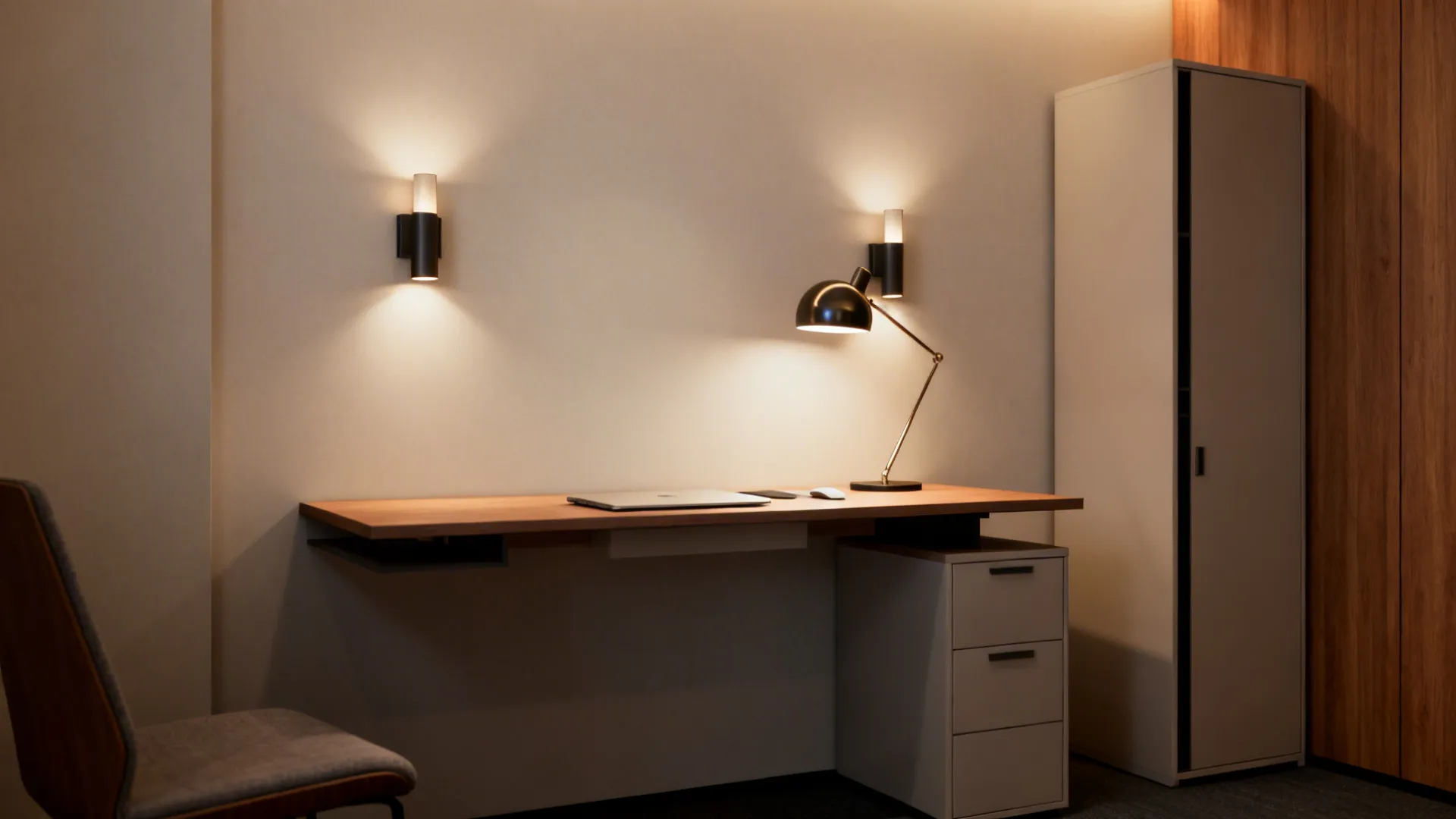 Compact executive floating desk with smart adjustable lighting and slim storage.