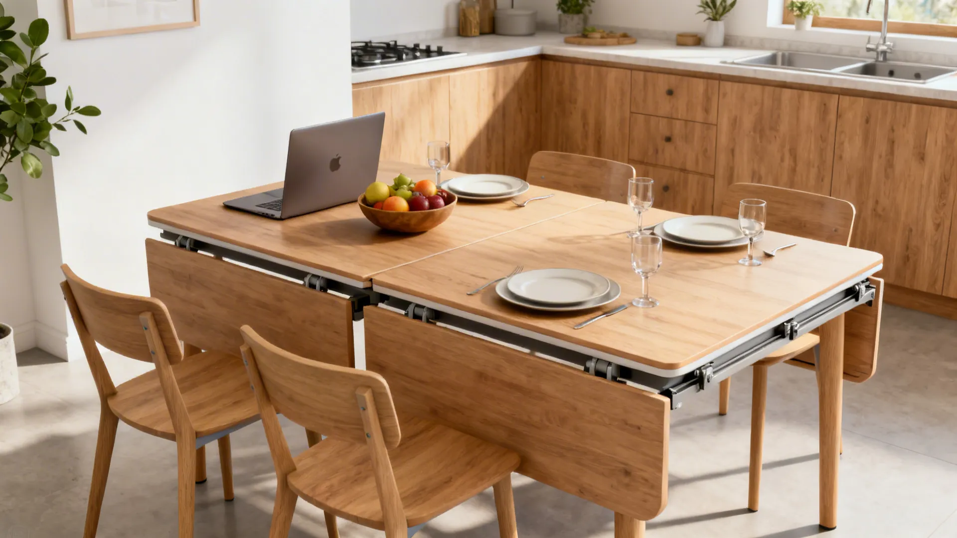 Compact square table in weekday mode and extended to seat four in a cozy kitchen.
