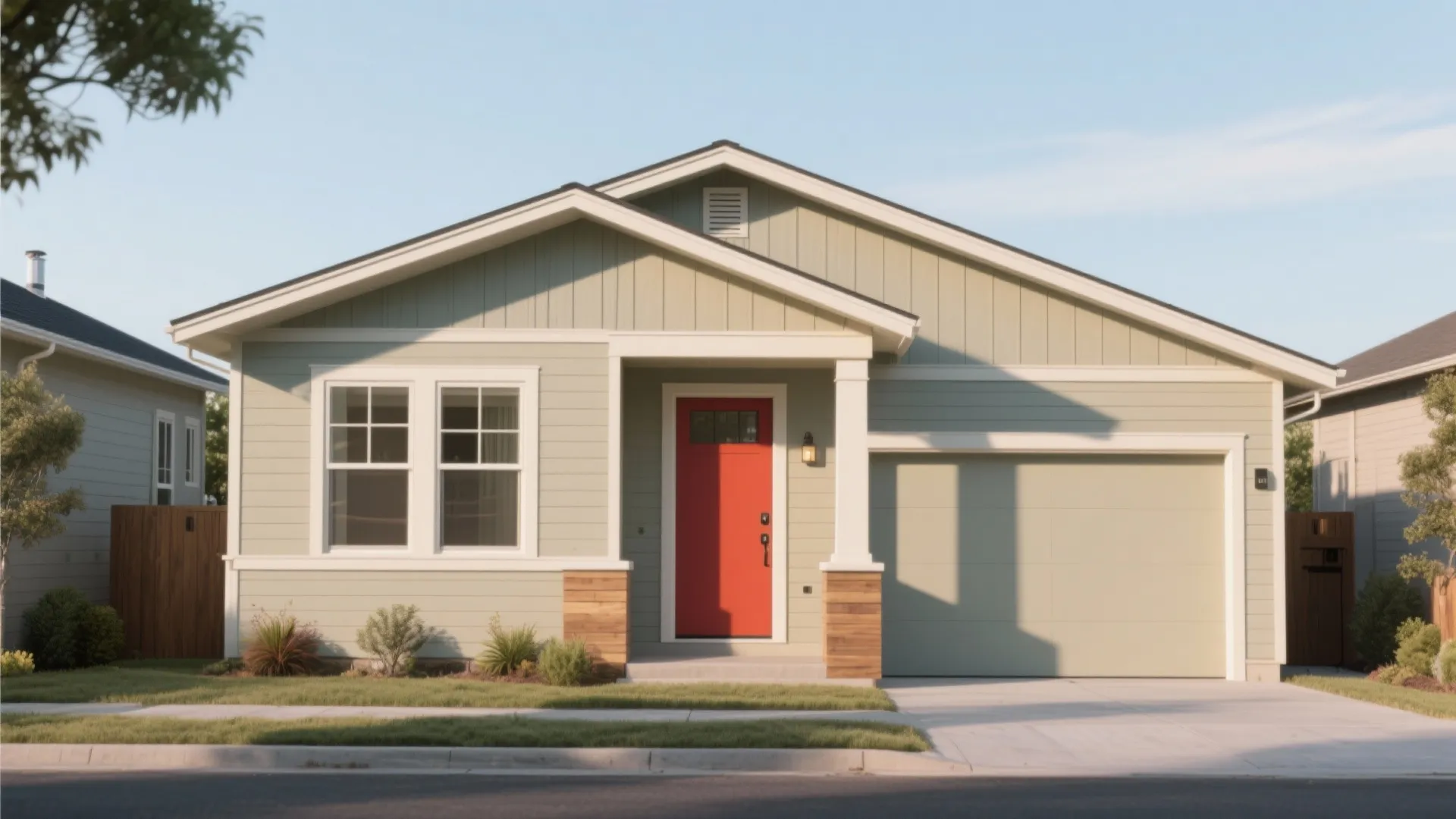 Green one story house with red front door white windows and a beige garage door