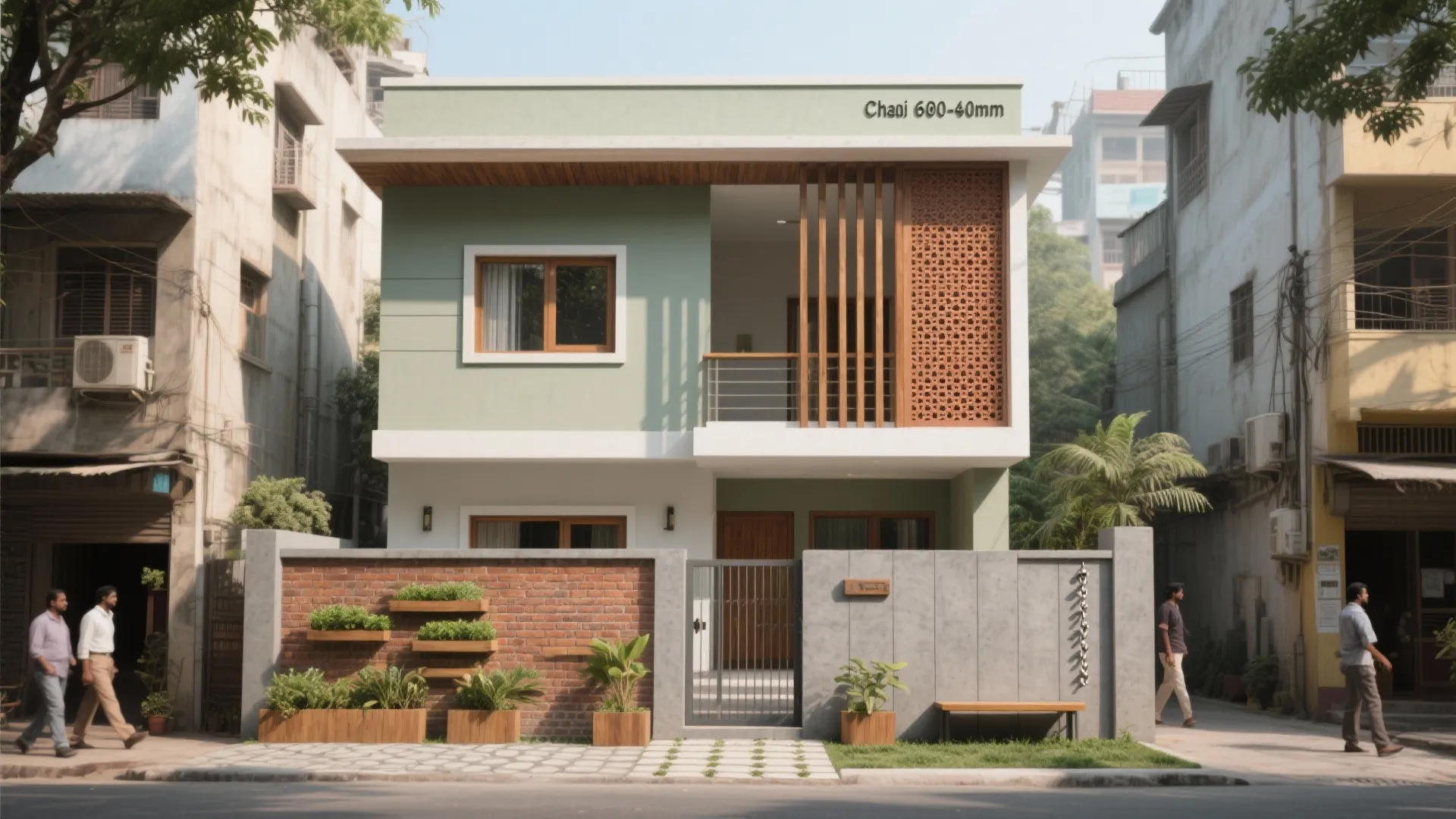 Modern green house design with a small balcony wooden screens brick fence and green plants