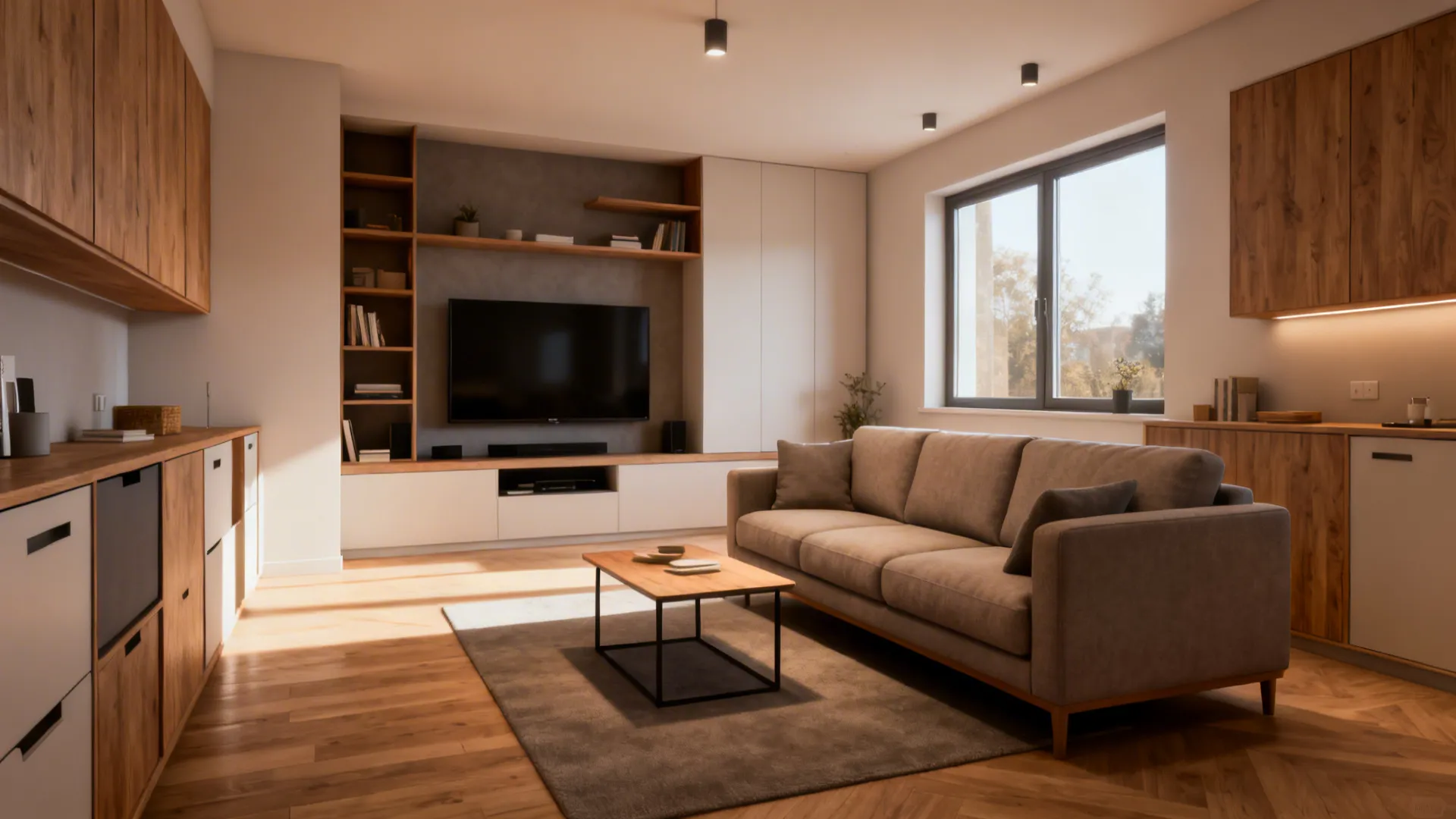 Compact family living room with three-seater sofa and low-profile storage
