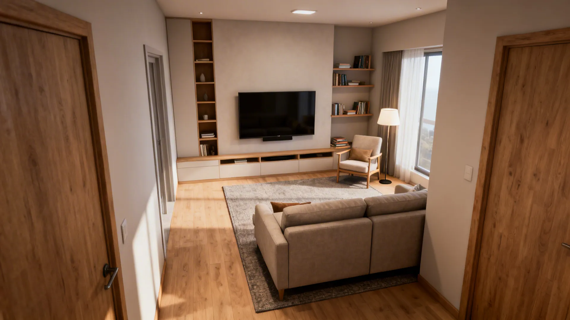 Compact family room with three-seater sofa, media wall, and a defined reading corner.