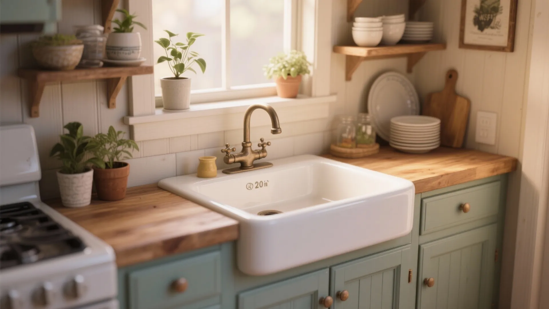 White kitchen sink with brass faucet on wooden countertop with green cabinets and several plants