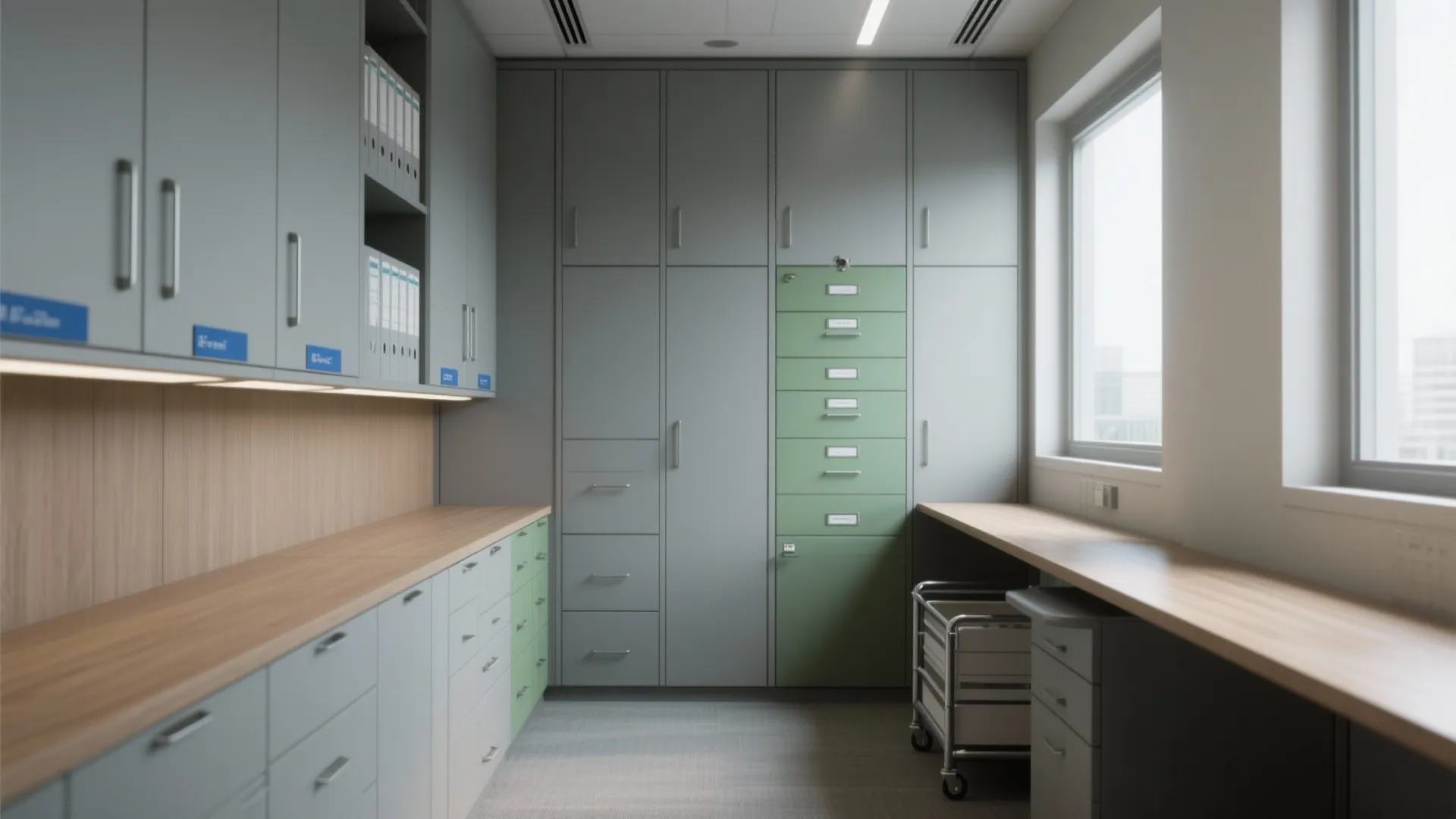 Modern grey and green storage cabinets with wooden countertops in a bright organized home office