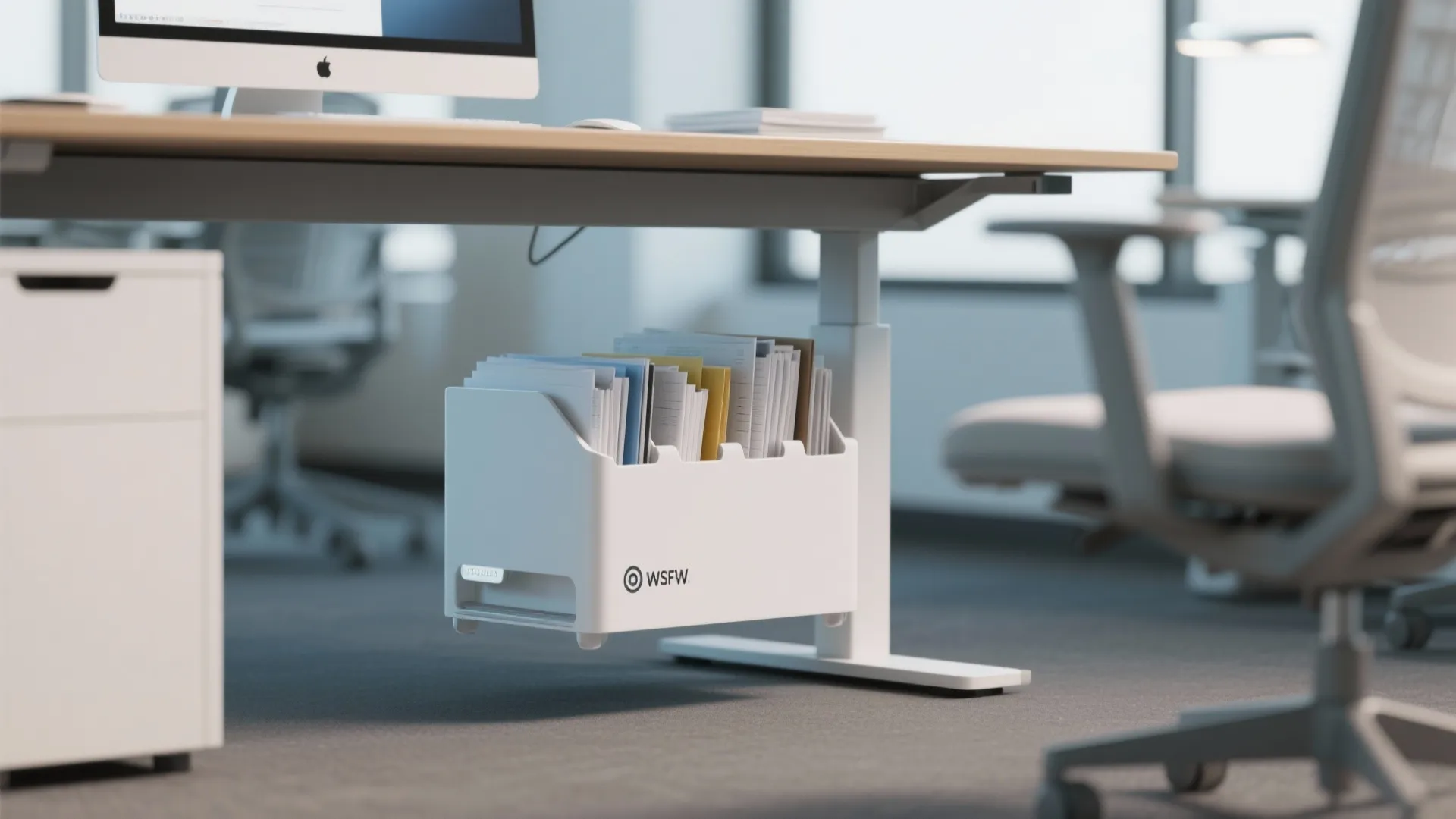 Compact 3D printed filing system under desk with organised documents