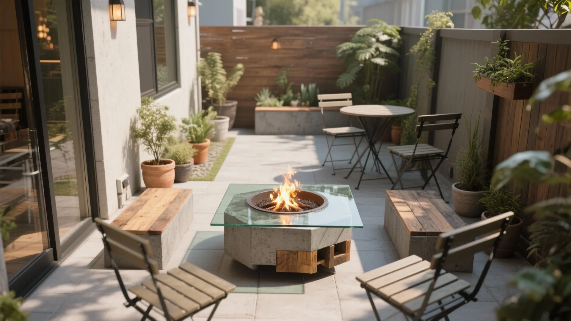 Modern outdoor patio with a fire pit table, wooden benches, folding chairs, and green potted plants