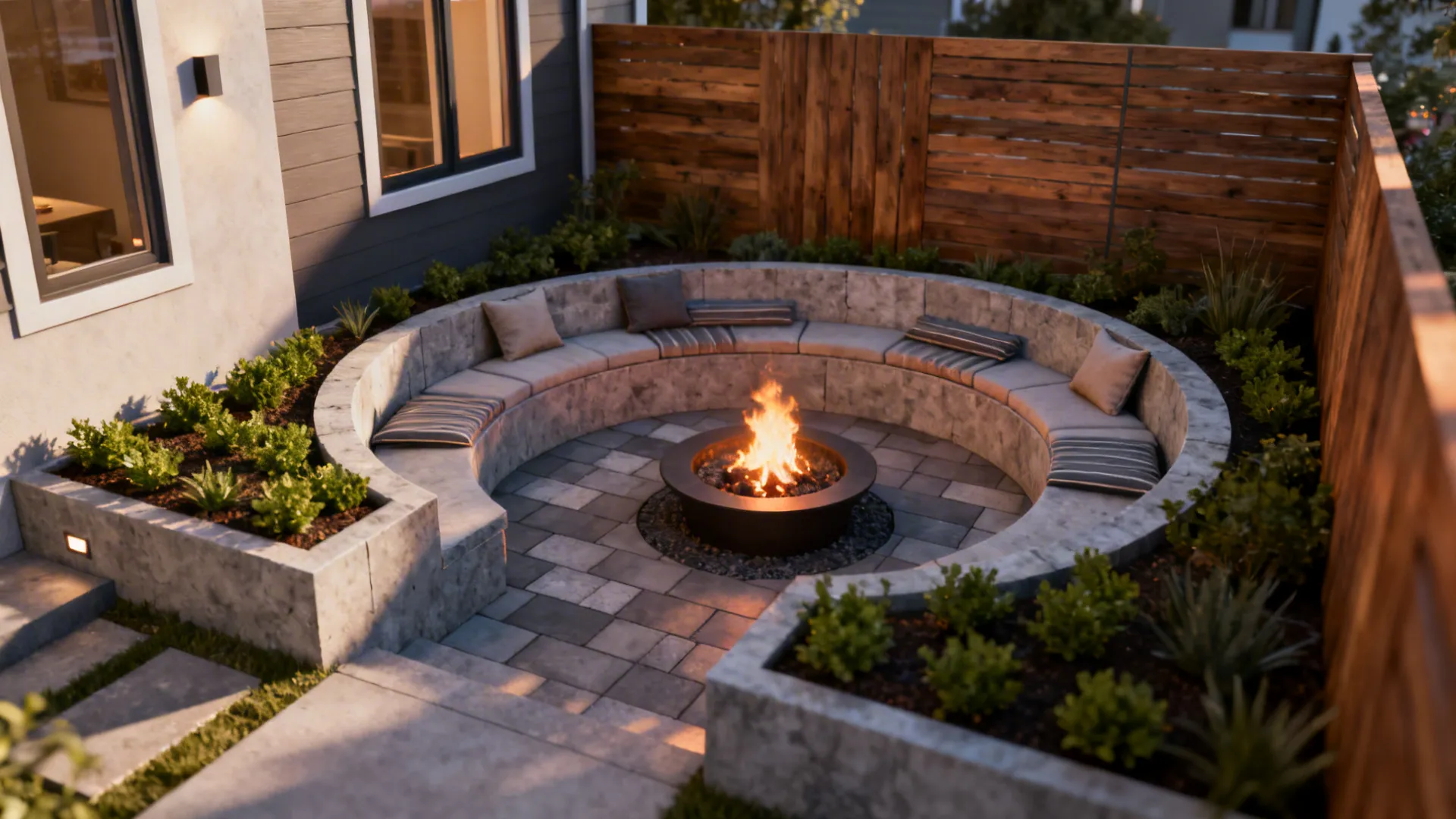 Circular stone bench seating around outdoor fire pit with pillows wooden fence and green plants