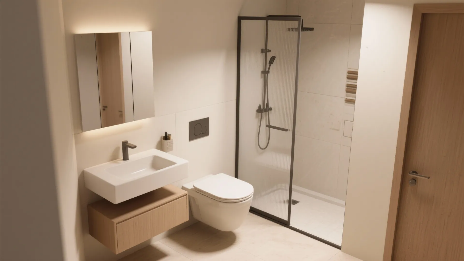 Modern bathroom with white sink, wooden cabinet, toilet, and glass shower door in small space