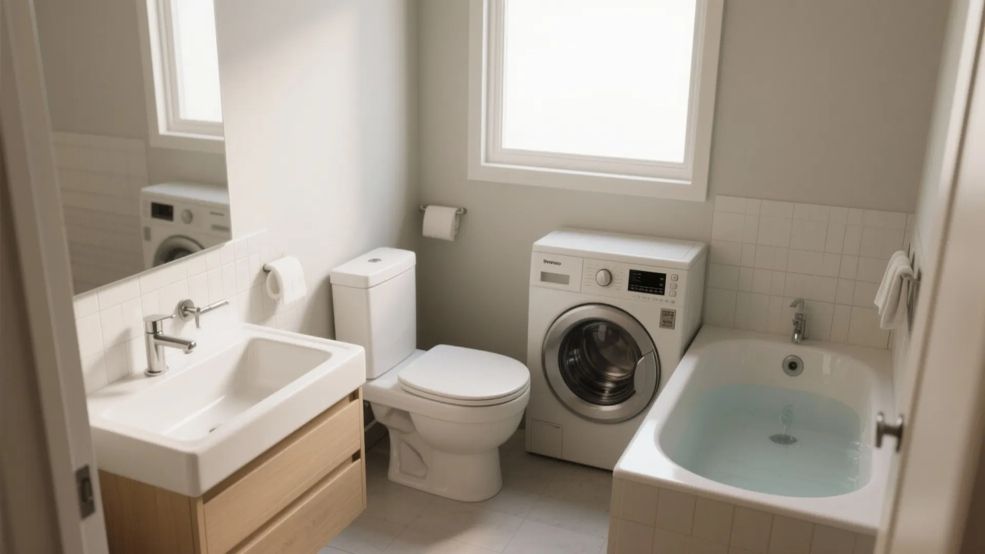 Small white bathroom featuring sink cabinet toilet washing machine bathtub and window with bright natural light