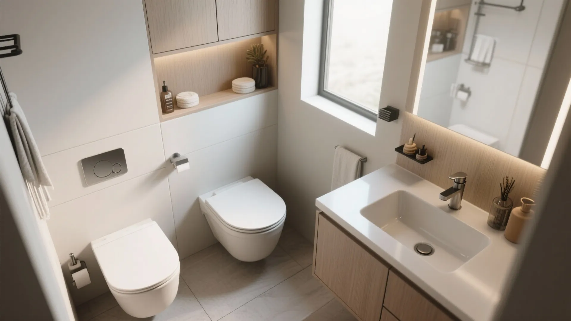 Compact toilet and corner sink fitting perfectly in a small bathroom
