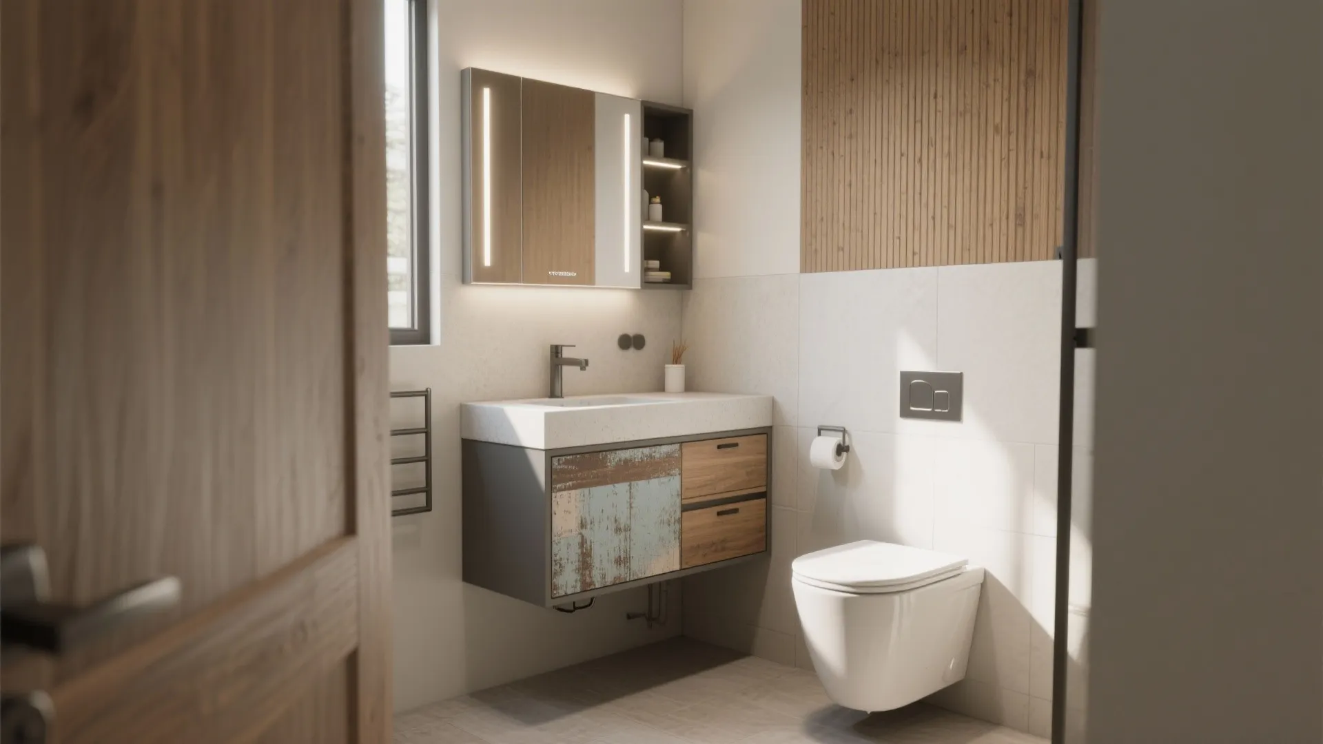 Contemporary bathroom with white wall toilet hanging wood vanity lighted mirror and vertical wall panels