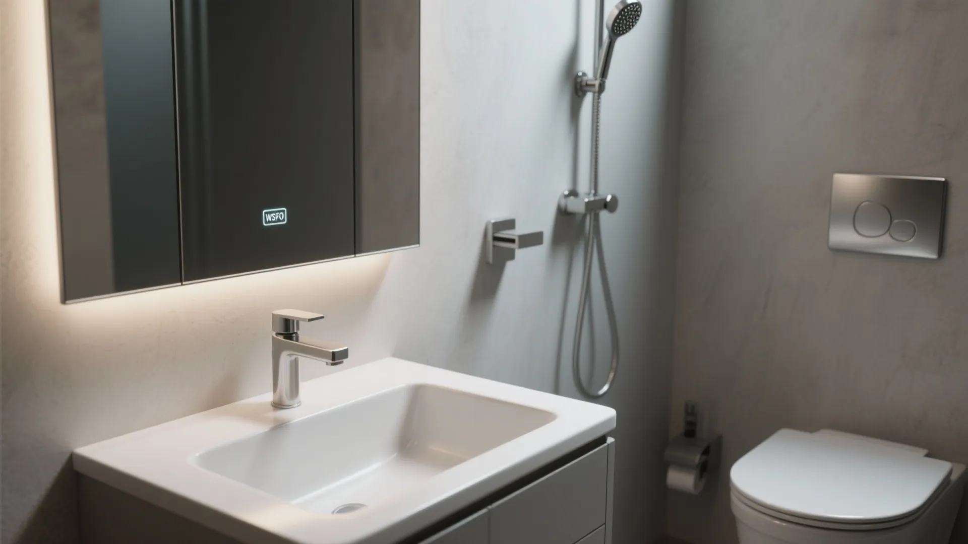 Small white bathroom sink with silver faucet smart mirror and shower head in compact room