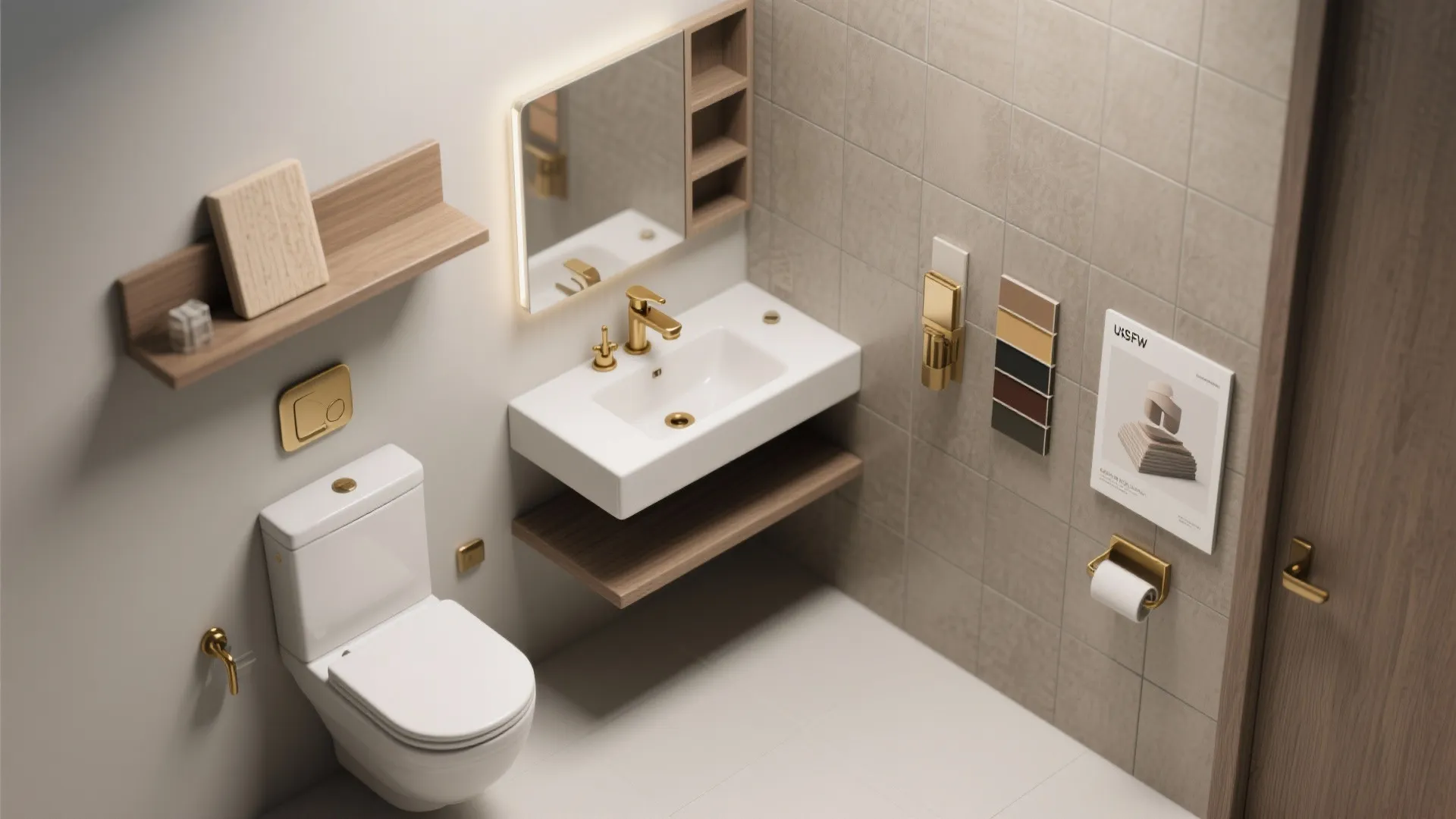Modern bathroom interior design drawing with white toilet gold faucet sink mirror and wall shelf