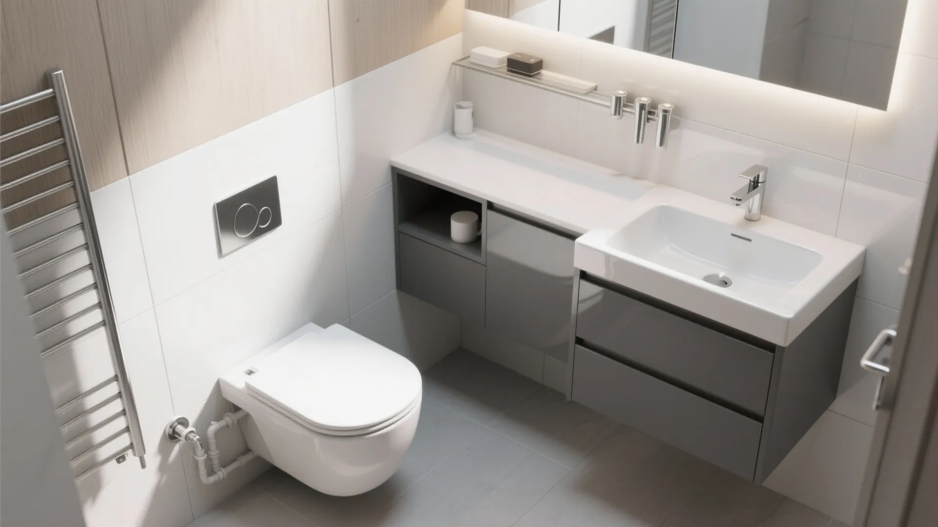 Modern small bathroom with a white toilet grey sink cabinet white sink and wall mirror