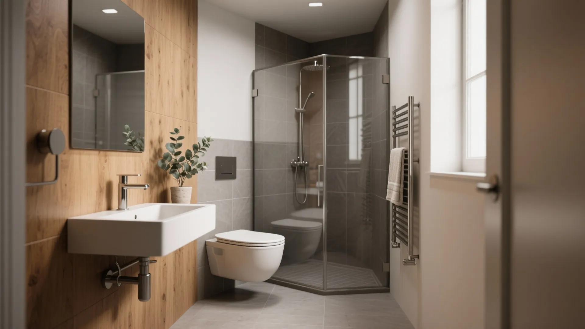 Modern small bathroom with wood wall panels white sink toilet glass shower and grey tiles