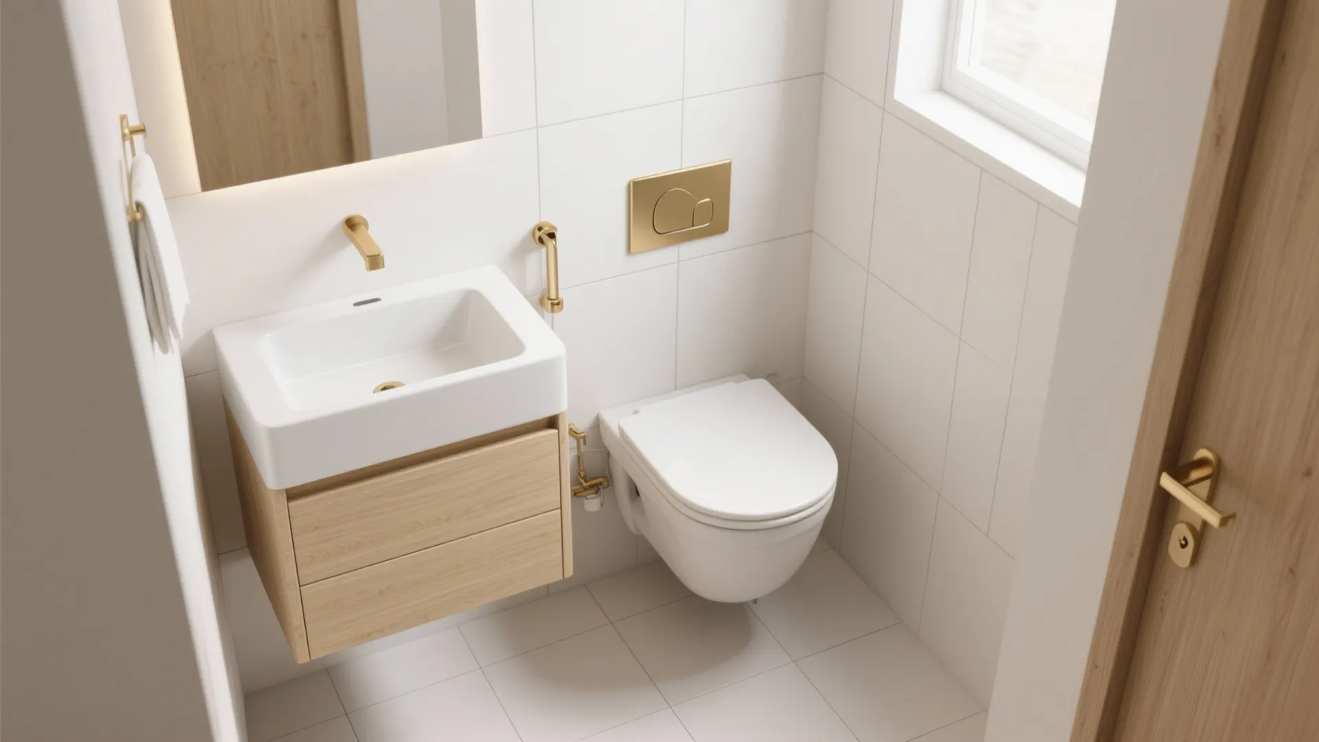 Compact white tiled bathroom with gold fixtures wall hung toilet and small wooden cabinet sink