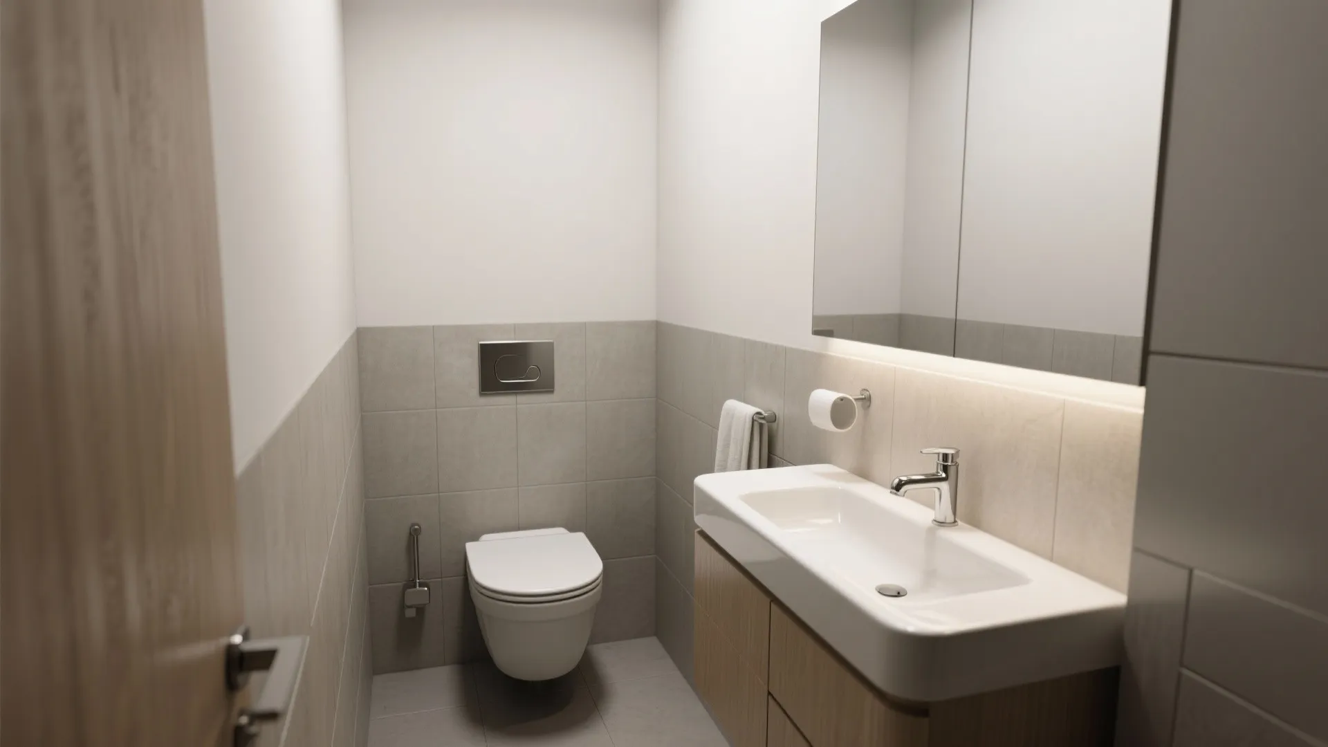 2. Compact Fixtures: Wall-Hung Toilet & Corner Sink