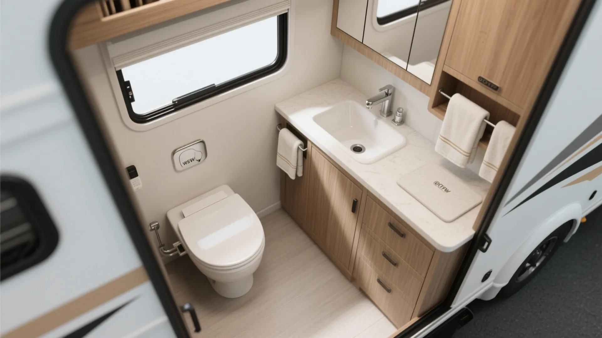 Top-down view of corner sink, wall-mounted toilet and multifunction compact vanity in a trailer bathroom.