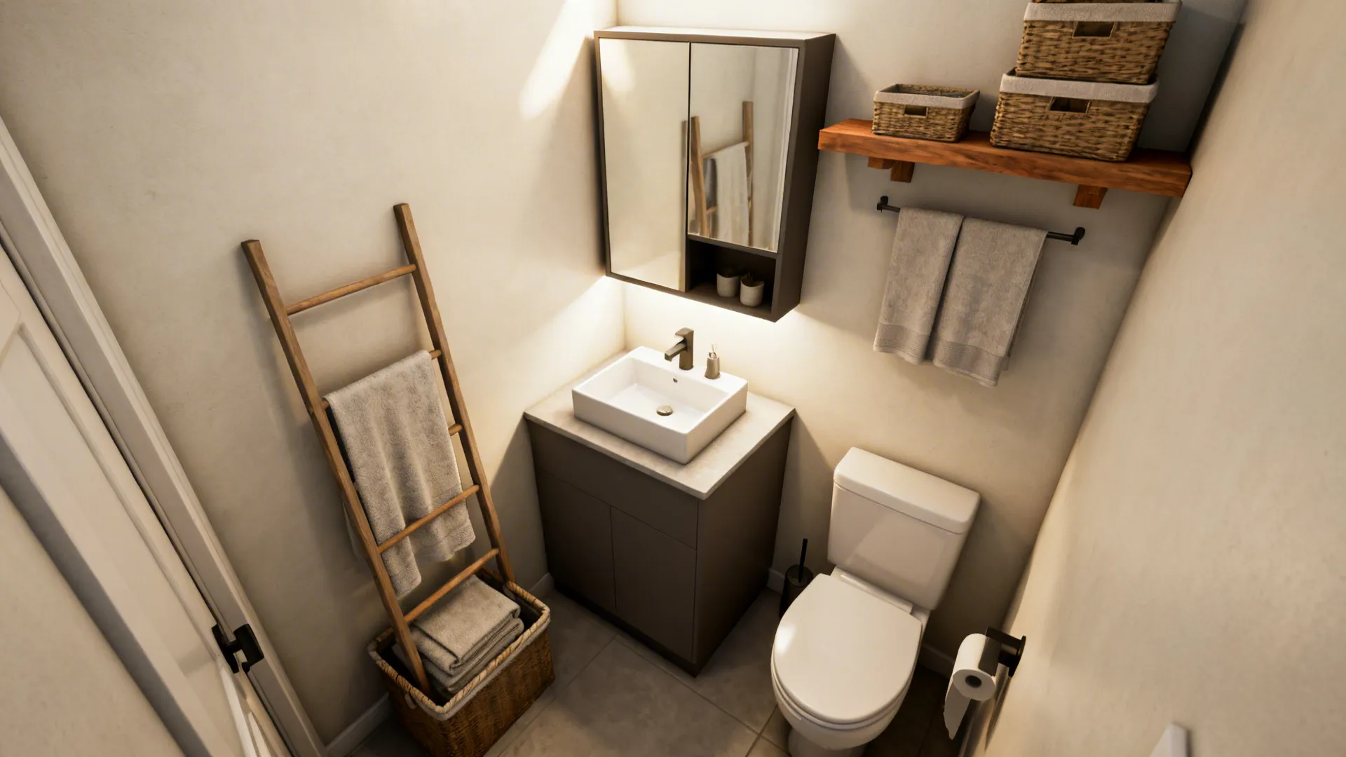 Tiny toilet room with compact sink, mirror cabinet and multipurpose accessories