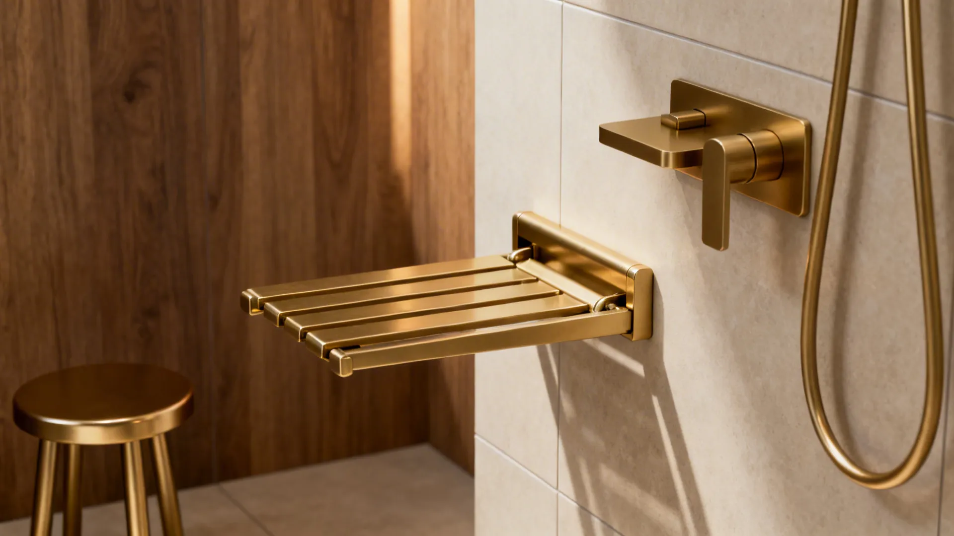 Slimline fold-down shower seat and compact wall-mounted mixer in a small shower.