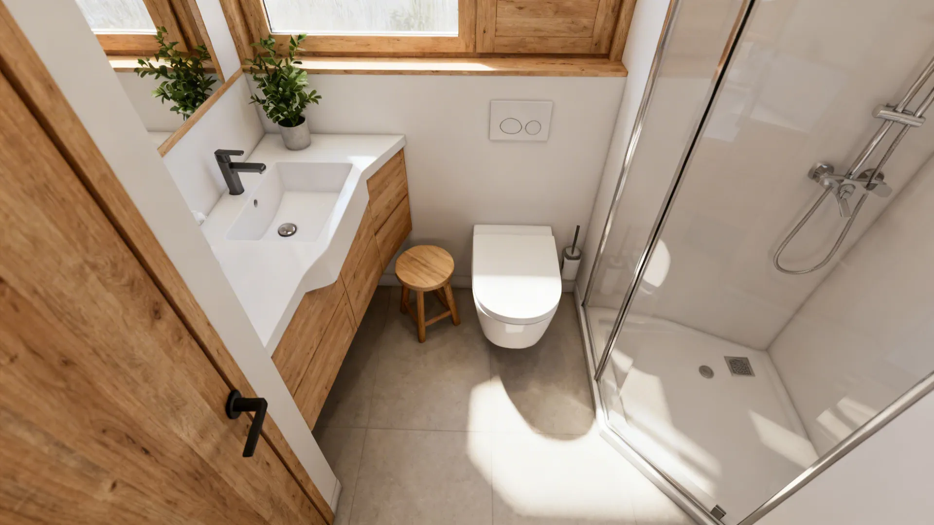 Tiny bathroom with a corner sink, wall-hung toilet and clear glass shower screen.